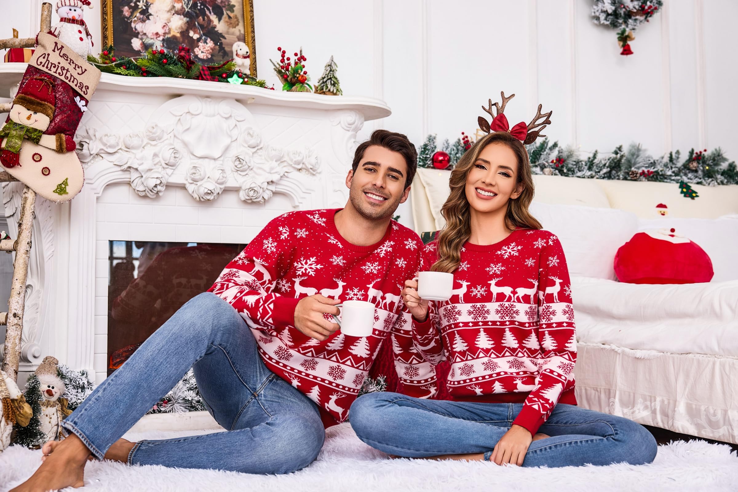 Totatuit Pull de Noël et Assorti avec Motifs de Renne et Flocons Cadeau | Tenue Quotidienne, Facile à Associer, Style Polyvalent