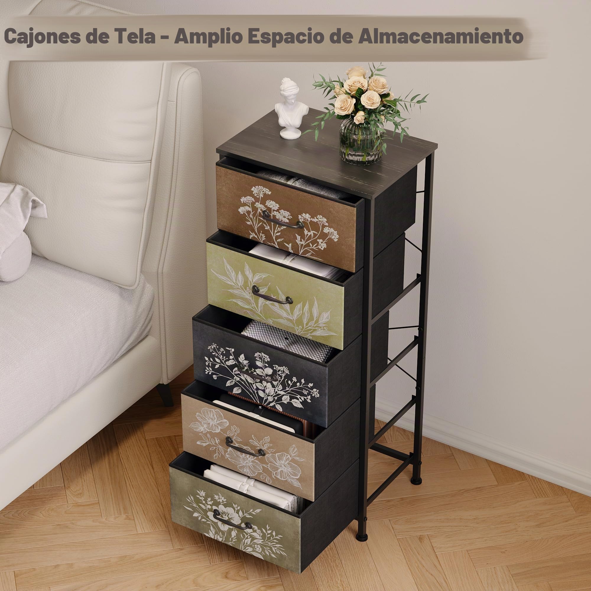 Cajonera de tela con 5 cajones de tela con diseño floral para dormitorio, sala de estar, habitación infantil y pasillo