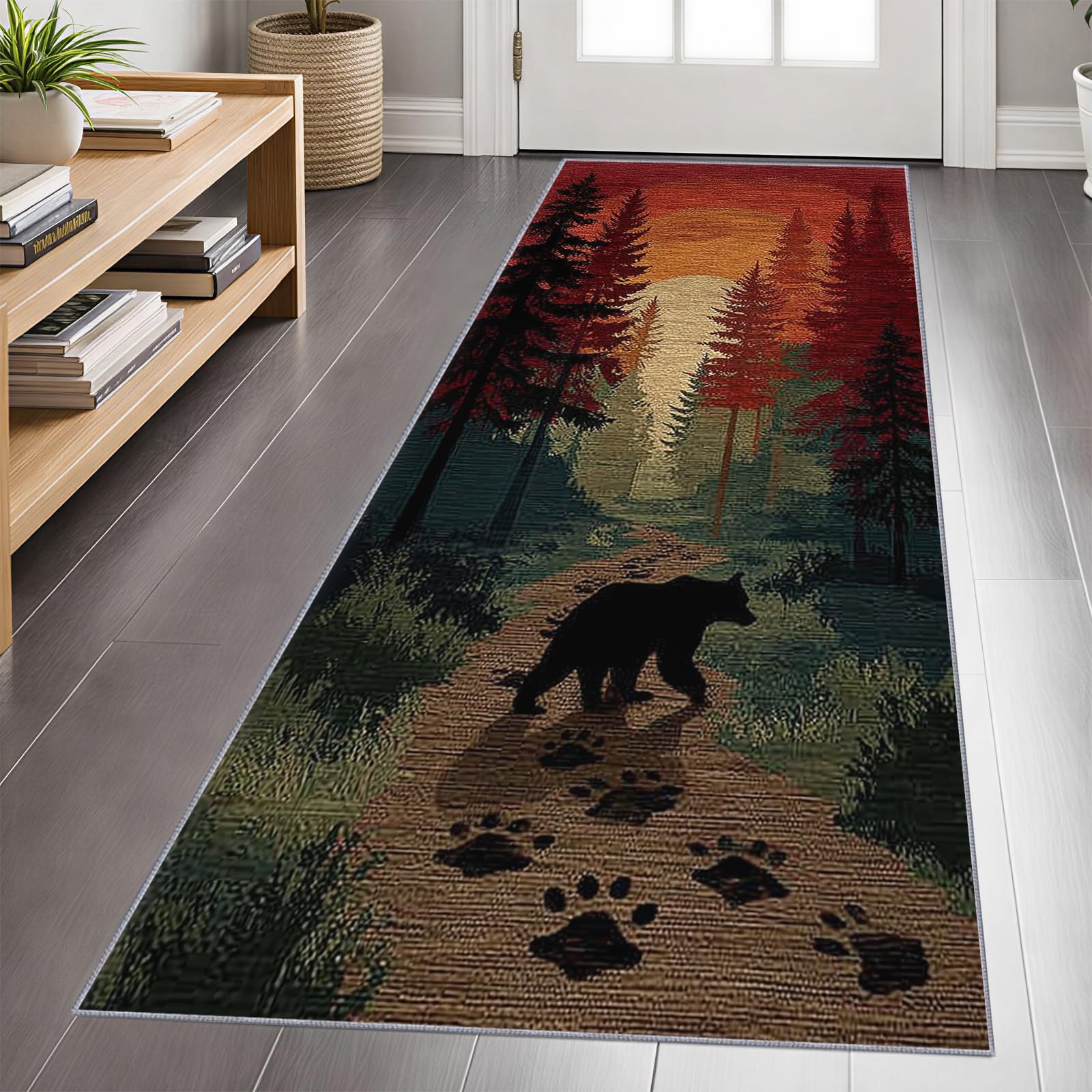 Rustic Bear Runner Rug for Hallway, 60x200cm, Western Cabin Lodge Runner Rug for Entryway, Bear Paw Print Long Carpet, Machine Washable Carpet for Kitchen Bedroom Living Room
