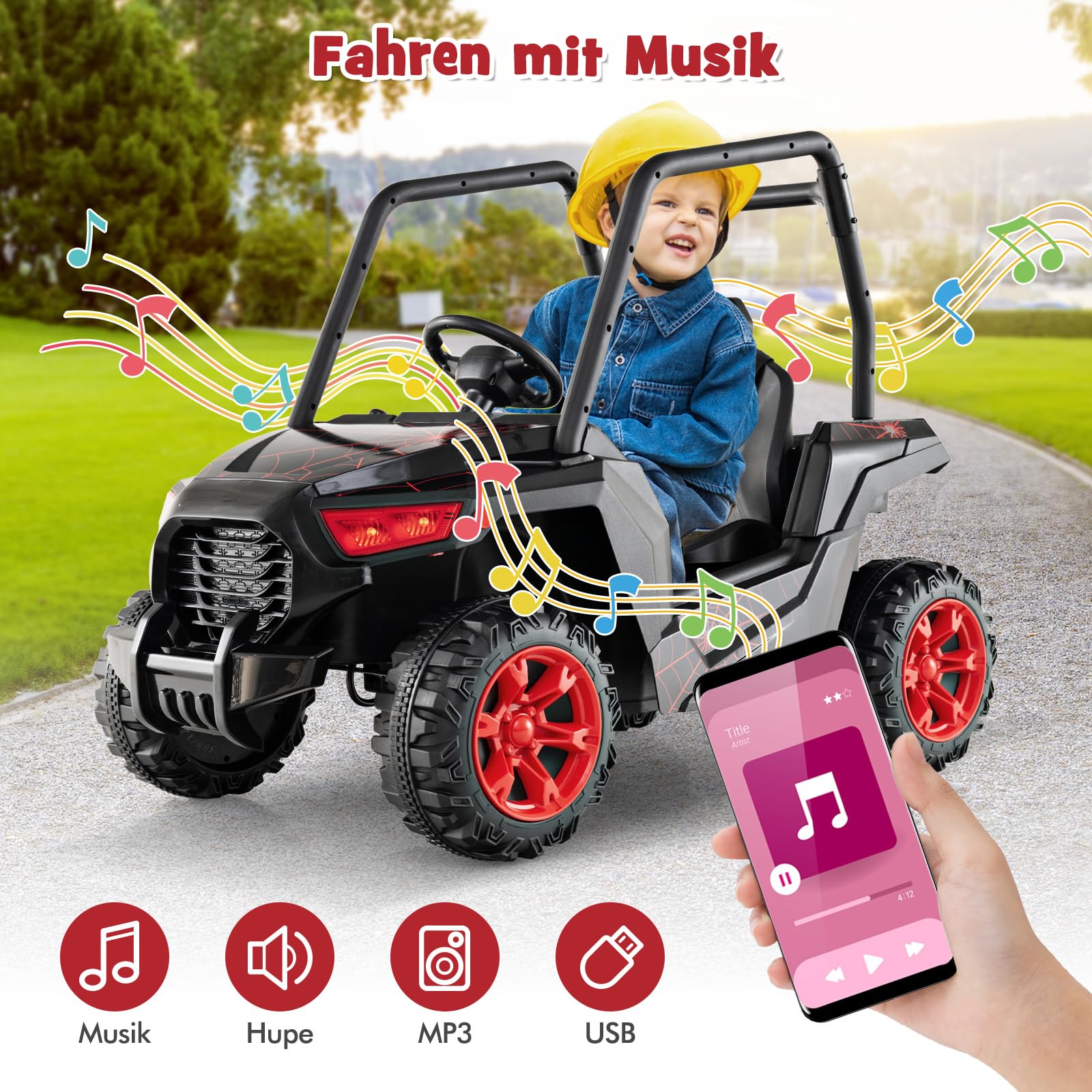 COSTWAY Samochód elektryczny dla dzieci, 24 V UTV z pilotem zdalnego sterowania 2,4 G, pojazdy elektryczne z muzyką, klaksonem, radiem i diodami LED, samochód elektryczny dla dzieci od 3 lat (czarny +