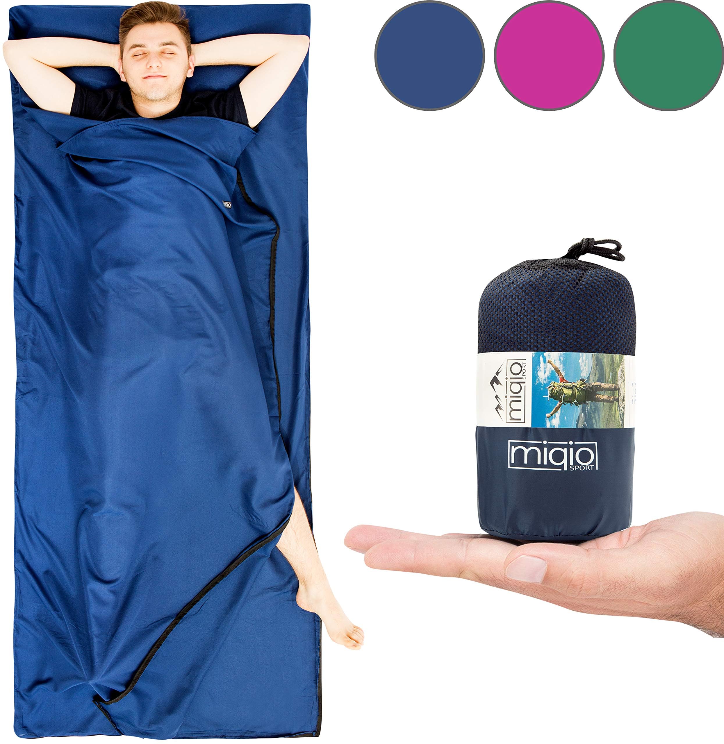 MIQIO 2en1 Saco de Dormir Ultraligero y Sábana de Viaje Ligera, Ultra pequeña Saco sábana Compacto de Microfibra con Compartimiento de Almohada, XL, Ideal para mochileros, hostales y cabañas