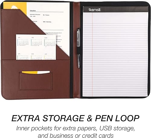 Vista 14 de Samsill Padfolio de cuero con cremallera de punto de contraste, cartera de negocios ligera y elegante para hombres y mujeres, cartera para currículo