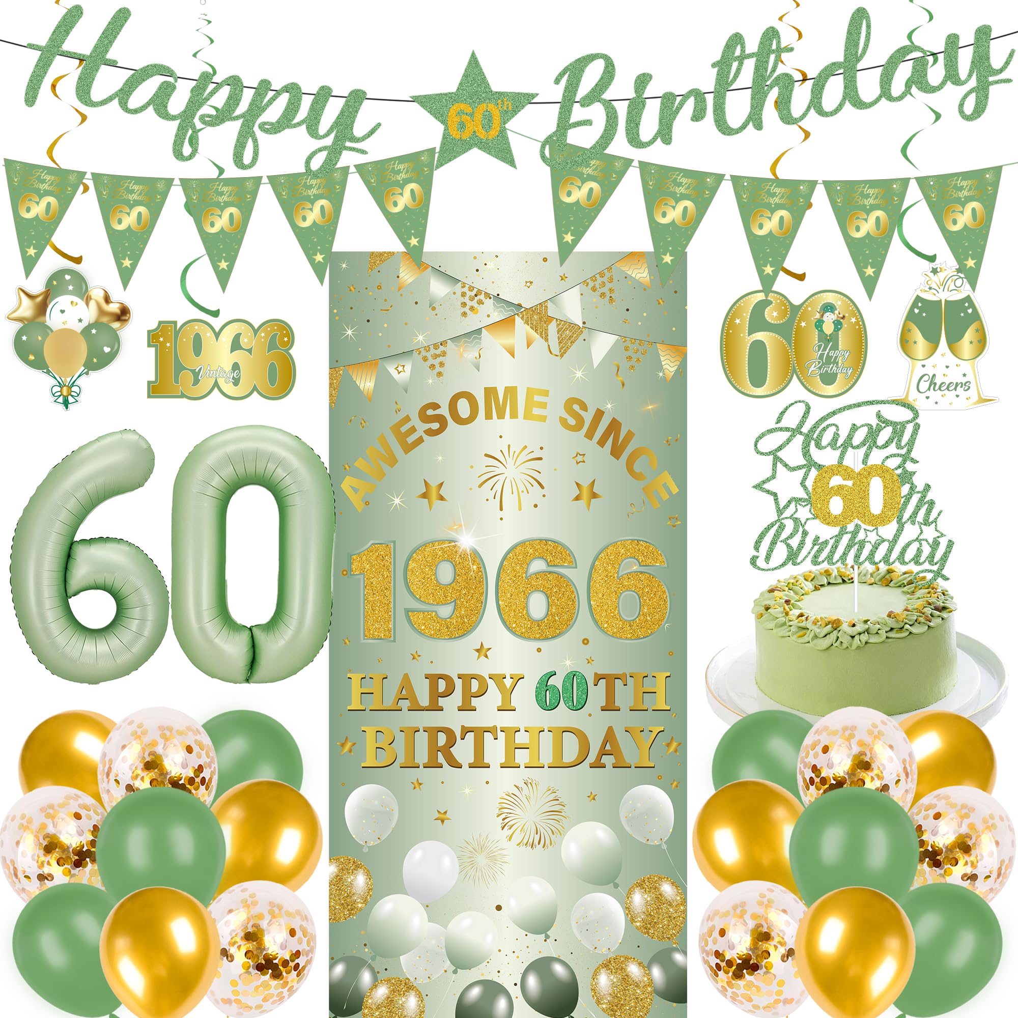 60th Birthday Decorations Men Women - 27 Pcs Green Gold Happy 60th Birthday Banner Triangular Flag Hanging Swirls Backdrop Cake Topper 60 Balloon Set for 60 Years Old Party Decoration Supplies