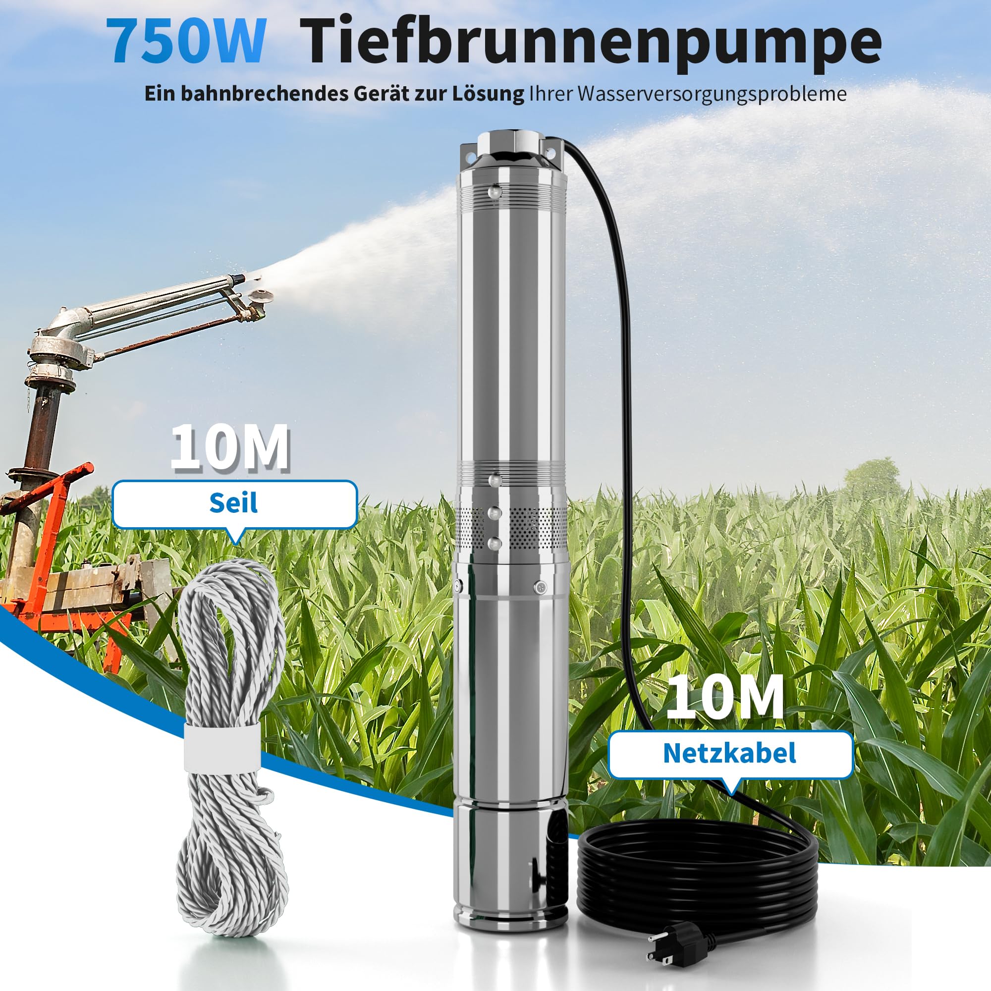 FOTING 750 W Tiefbrunnenpumpe 1 HP Brunnenpumpe 118 L/min Tauchpumpe max. | Förderhöhe 75 m Rohrpumpe 230 V 50 Hz Sandpumpe IP68 für Süßwasserversorgung Bewässerung