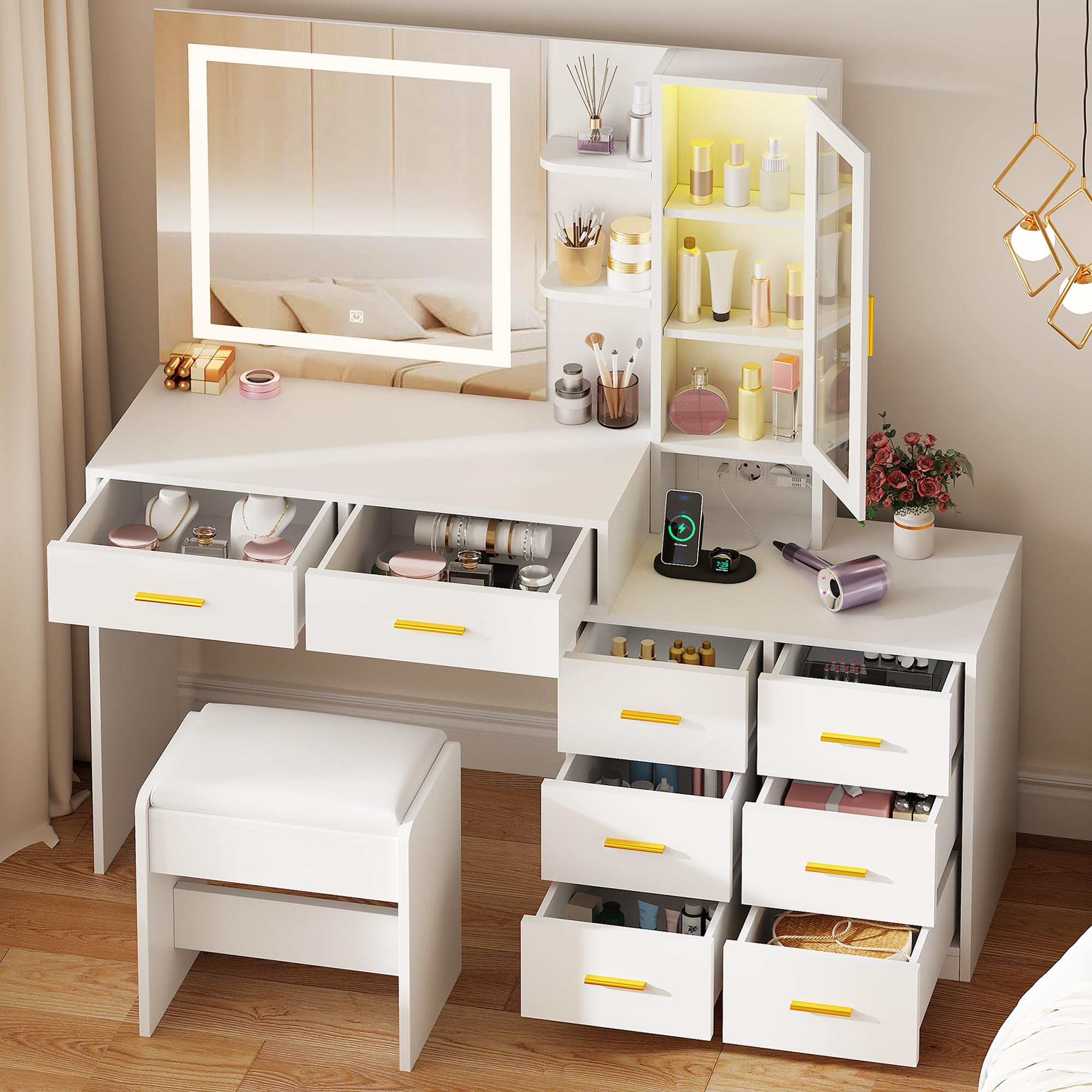ANWBROAD Grande Coiffeuse avec Miroir et Tabouret 3 Couleurs Éclairage LED réglables et Prises 8 Tiroirs 3 Étagères Rangement Ouvertes RGB Coiffeuse Moderne Blanc 140x131x40cm BDT77W