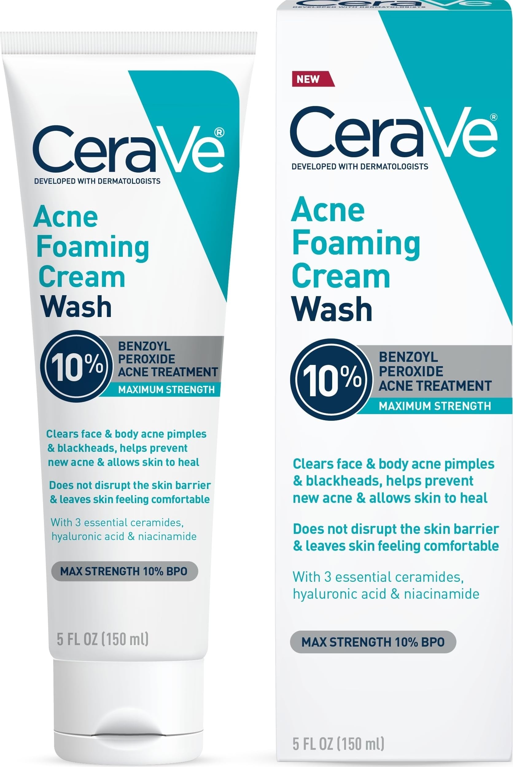 CeraVe Acne Foaming Cream Wash, 10% Benzoyl Peroxide Facial Cleanser, 5oz | 10% Benzoyl Peroxide Cleanser with Hyaluronic Acid and Niacinamide Clears Pimples and Acts As A Blackhead Remover
