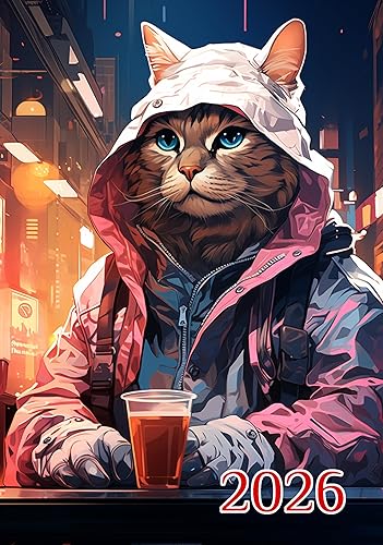 Calendario de pared 2024 12 páginas de 8 x 12 pulgadas Gatos con coloridas chaquetas y gafas de sol Cyberpunk Póster de ilustración de libro vintage