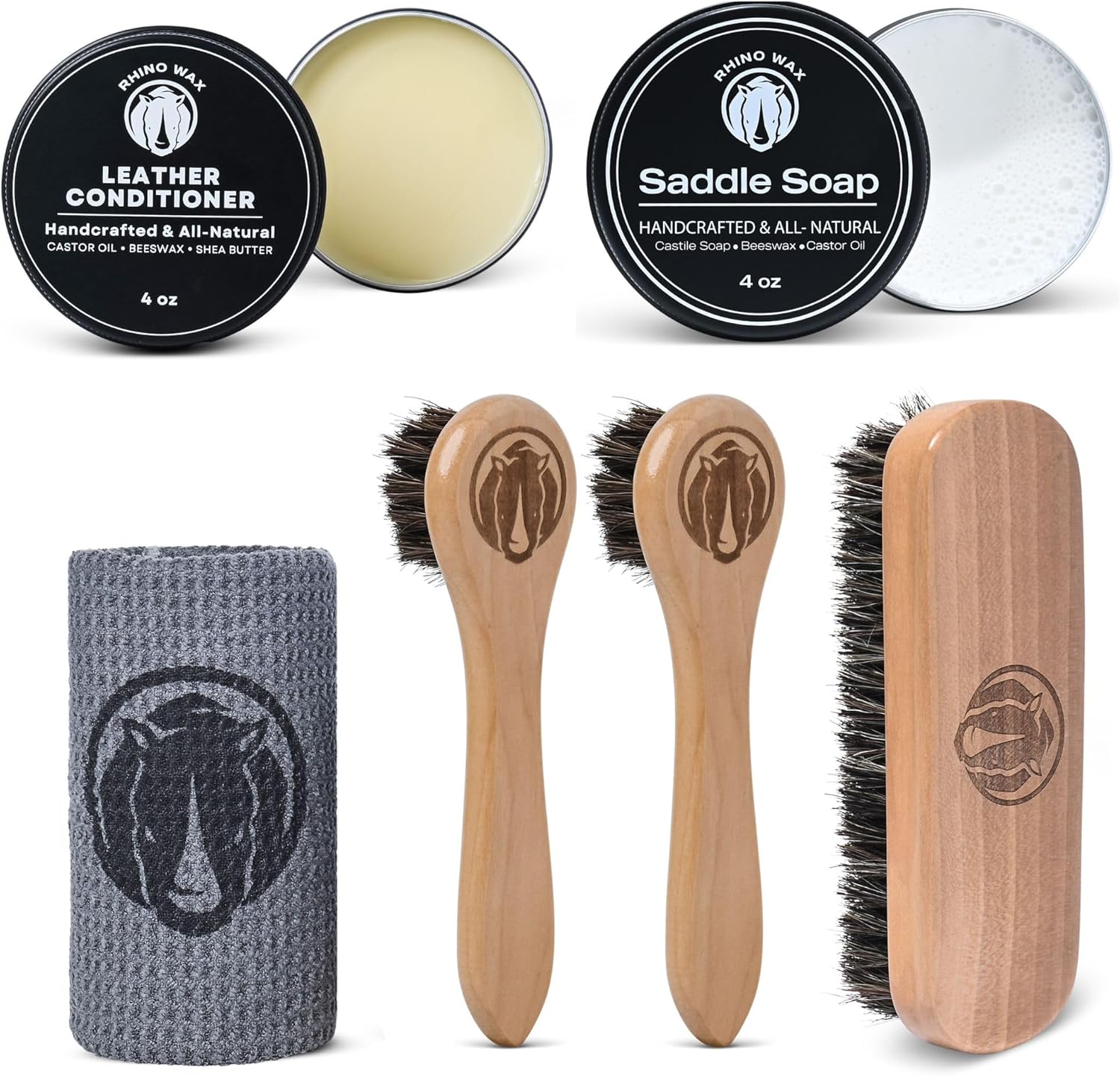 Saddle Soap (4oz) Plus Leather Waterproofer (4oz) Plus Complete Brush Kit