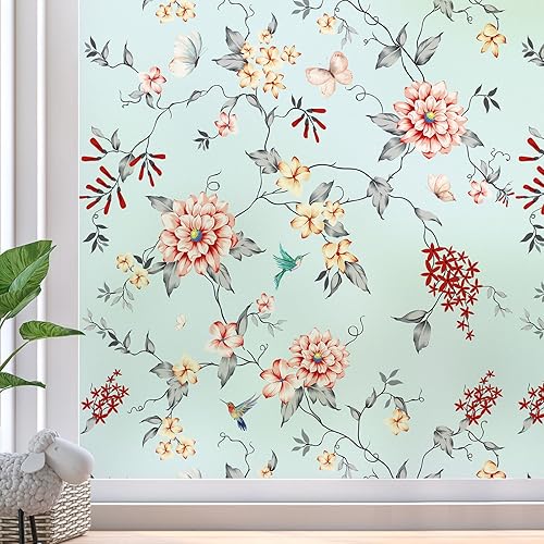 DKTIE Película para ventana de vidrieras con kit de instalación, no adhesiva, se adhiere por estática, extraíble, patrón floral retro, protección de