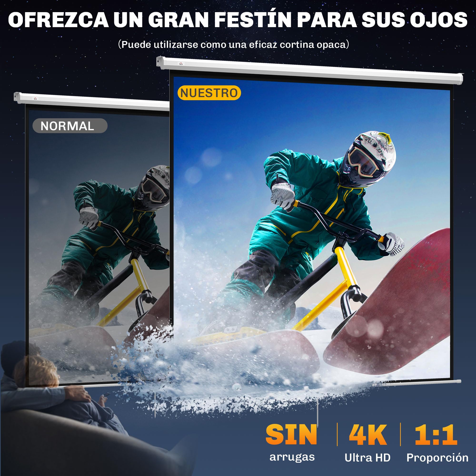 HOMCOM Pantalla de Proyector Manual 120 Pulgadas Pantalla de Proyección Portátil Formato 1:1 Ángulo de Visión de 160° para Interior y Exterior Eventos Deportivos Cine en Casa Patio 207x207 cm Blanco