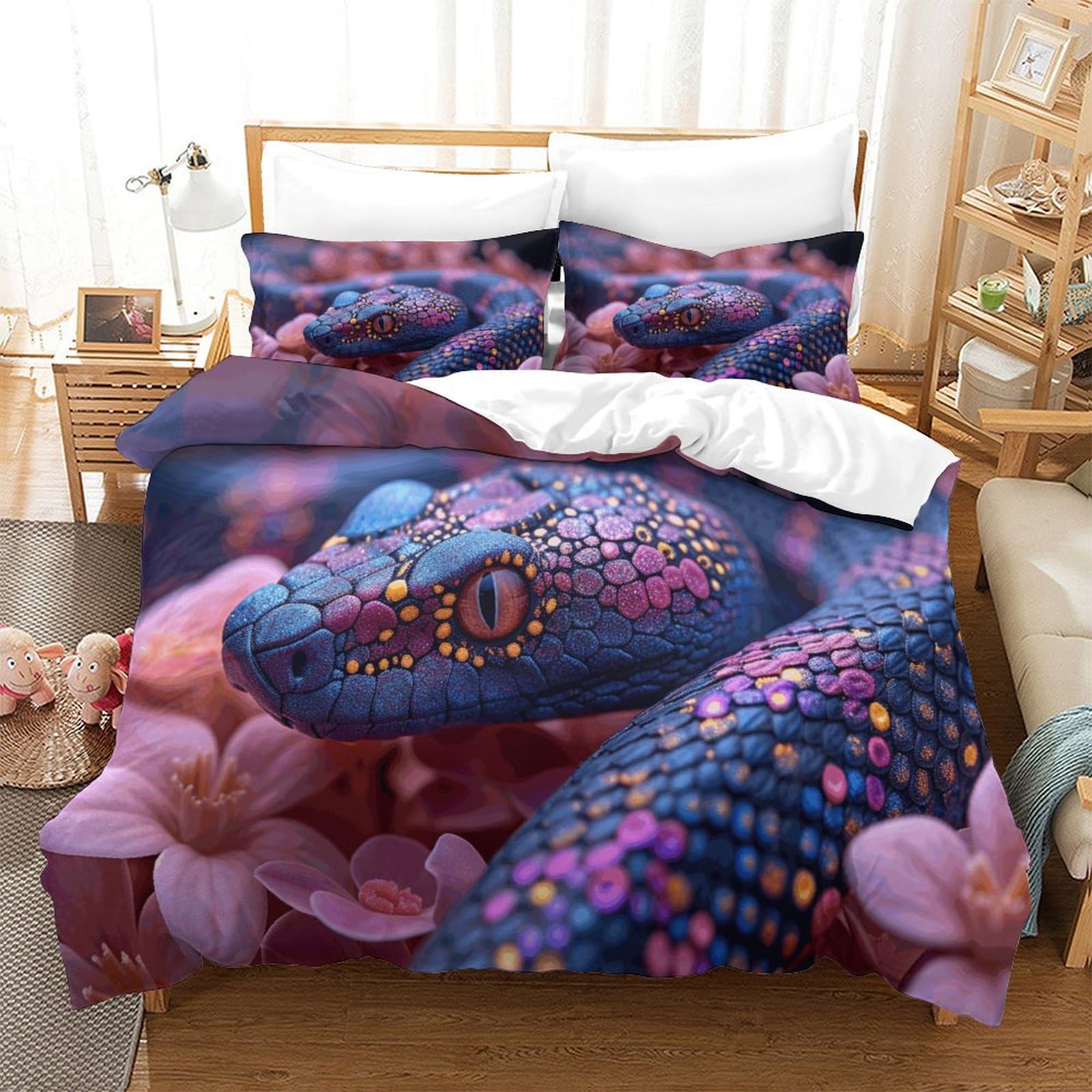 P1S9U7W5Y 3D Printed Fantasy Lizard Floral Duvet Cover Set 3pcs Microfiber Animal Bedding Set Single（140x200cm）