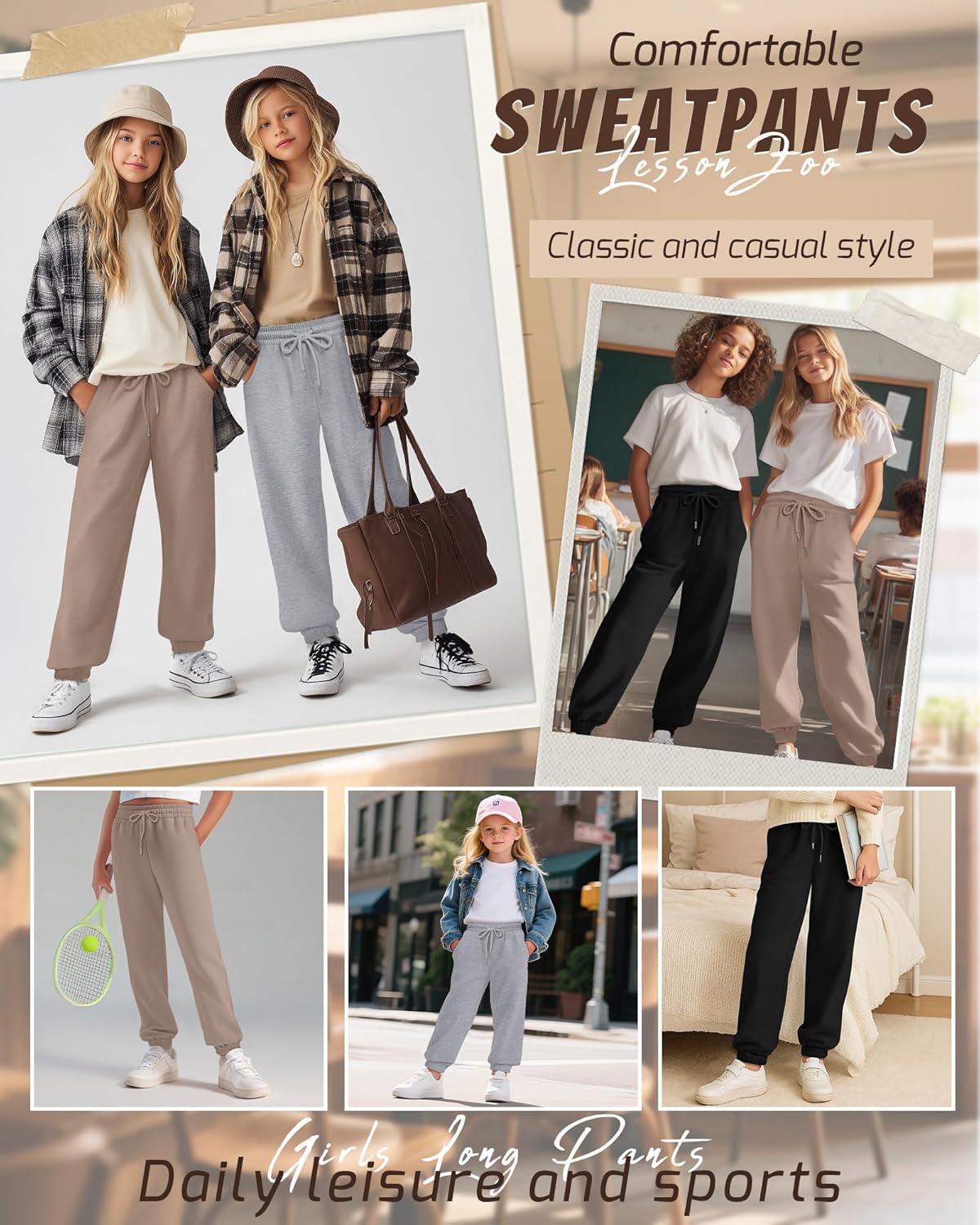 3 Pack Girls Sweatpants Drawstring Wide Leg Baggy Sweat Pants High Waist Active Joggers for Kids with Pockets 5-14Y - Image 2
