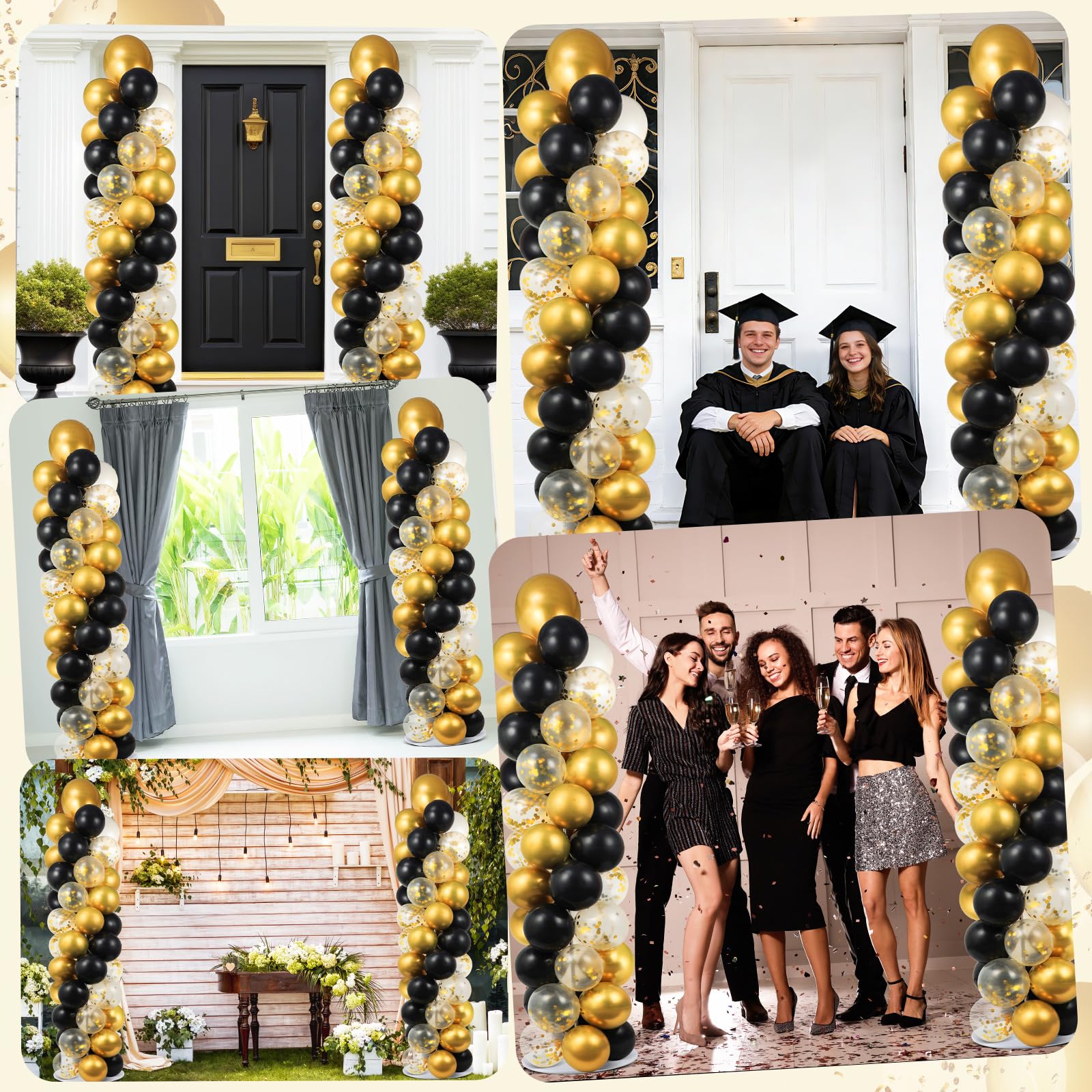2 Sets Schwarz Gold Ballon Säulenständer Kit mit 102 Luftballons Verstellbarer Ballonturm Ständer mit Basis für Boden Gold Konfetti Ballons Säulen-Kit für Abschlussfeier Geburtstag Wertschätzung Party
