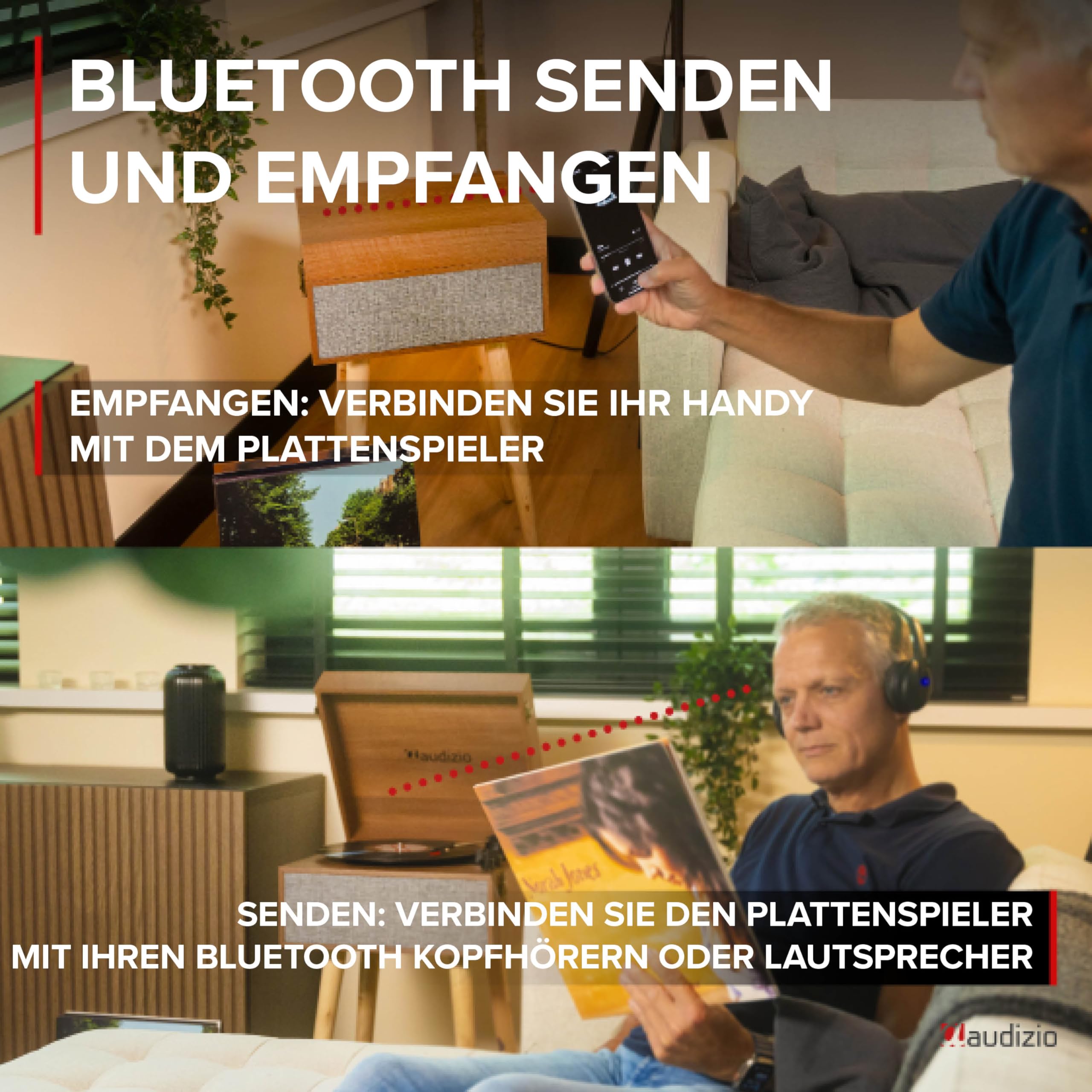 Audizio Fremont Schallplattenspieler Retro Plattenspieler Bluetooth Transmitter & Receiver, Tisch Plattenspieler mit Lautsprecher, Retro Vinyl Player für Schallplatten, Holz