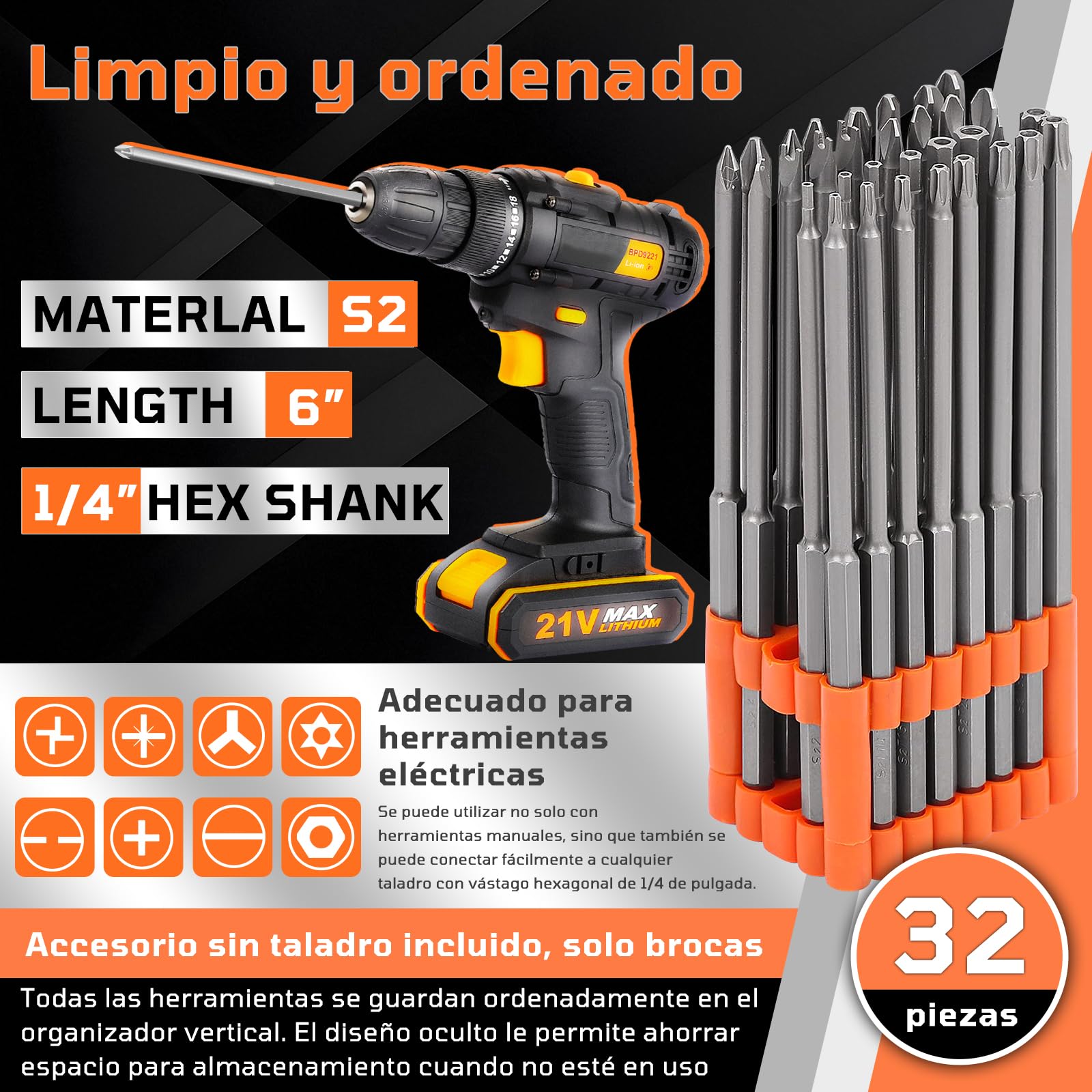 32 pc Juego de Puntas Extra Largas 150 mm de Destornillador de Acero S2,Resistentes y Duraderas, Incluir Torx, Phillips, Allen, Plana, Doble, Seguridad, con Soporte Organizador,Para Taladros