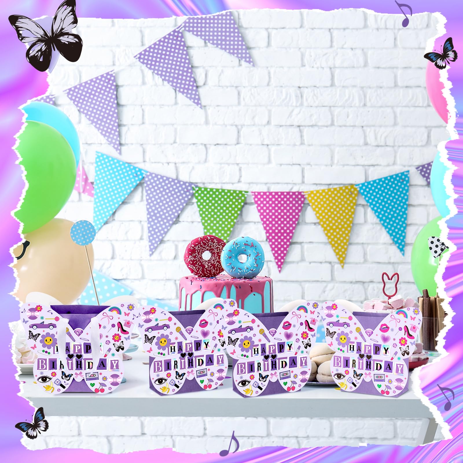 Sweetude Confezione da 24 sacchetti regalo con musica pop viola, a forma di farfalla, per feste di compleanno, cantanti, bomboniere, farfalle, sacchetti per caramelle per compleanno, cantanti