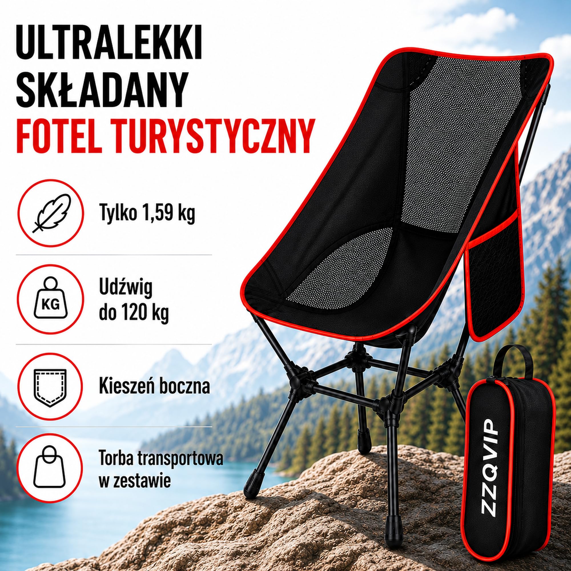 Składane Krzesło Kempingowe Lekkie 1,59 kg, Przenośny Moon Chair 900D z Torbą i Kieszenią Boczną, na Plażę Wędkowanie Piknik Ogród do 120 kg