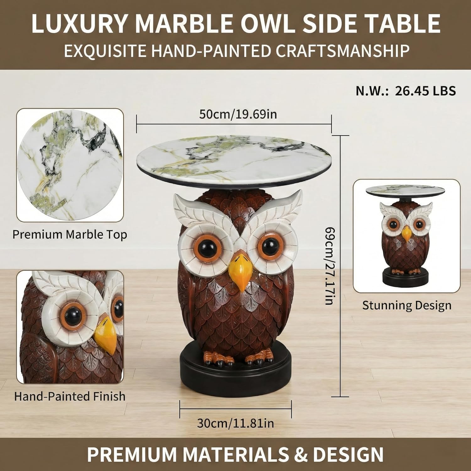 Rustic Owl Shaped Accent Table with Marble Top Hand-Painted Decorative End Table for Living Room Bedroom Patio 27.17" Tall Brown & White