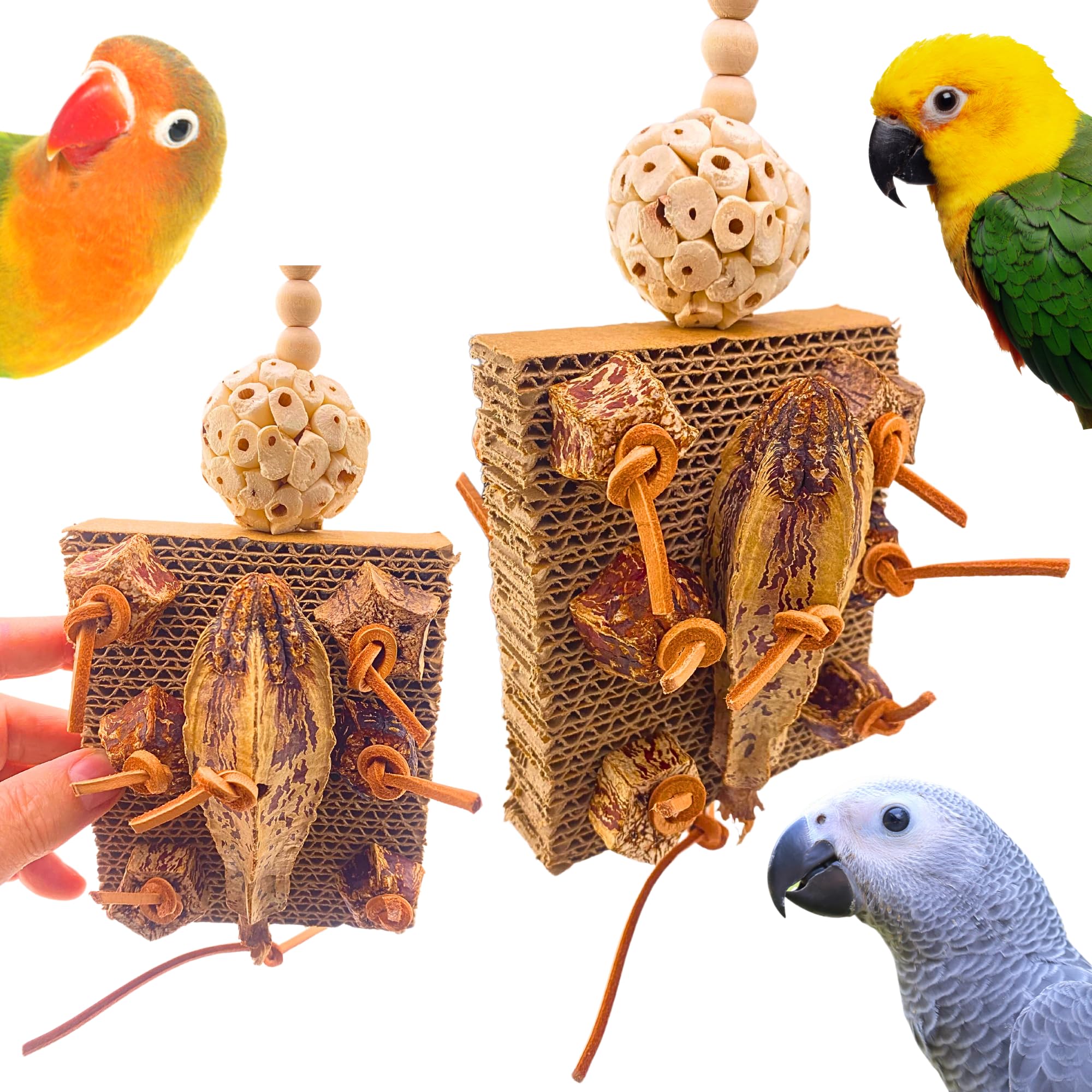 Bonka Bird Toys 1427 Mahogany Forage Block - 12" x 4" x 2" Durable Foraging & Chew Toy for Small to Medium Birds, Includes Sola Ball, Wooden Beads, Soft Leather Strands, Mahogany Chunks & Pods