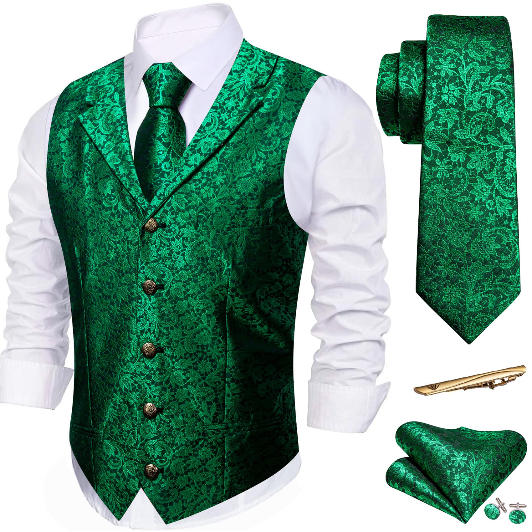Barry.Wang Mens Silk Paisley/Floral Suit Vest Tie Sleeve Holder Set 5PCS