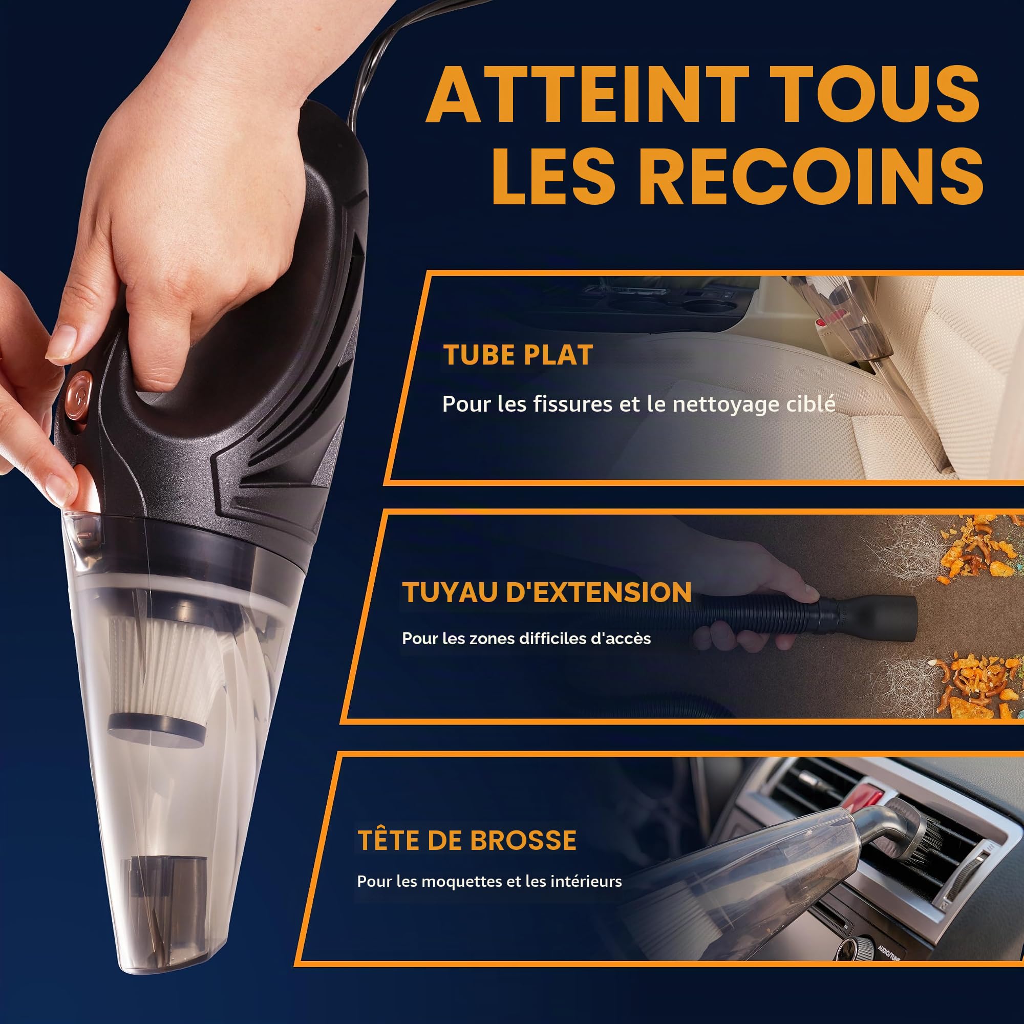 ThisWorx Aspirateur Voiture Puissant - Mini Aspirateur à Main 110W, 12V avec 3 Embouts et Sac de Transport, Cordon 5 m, Accessoire Voiture - Noir