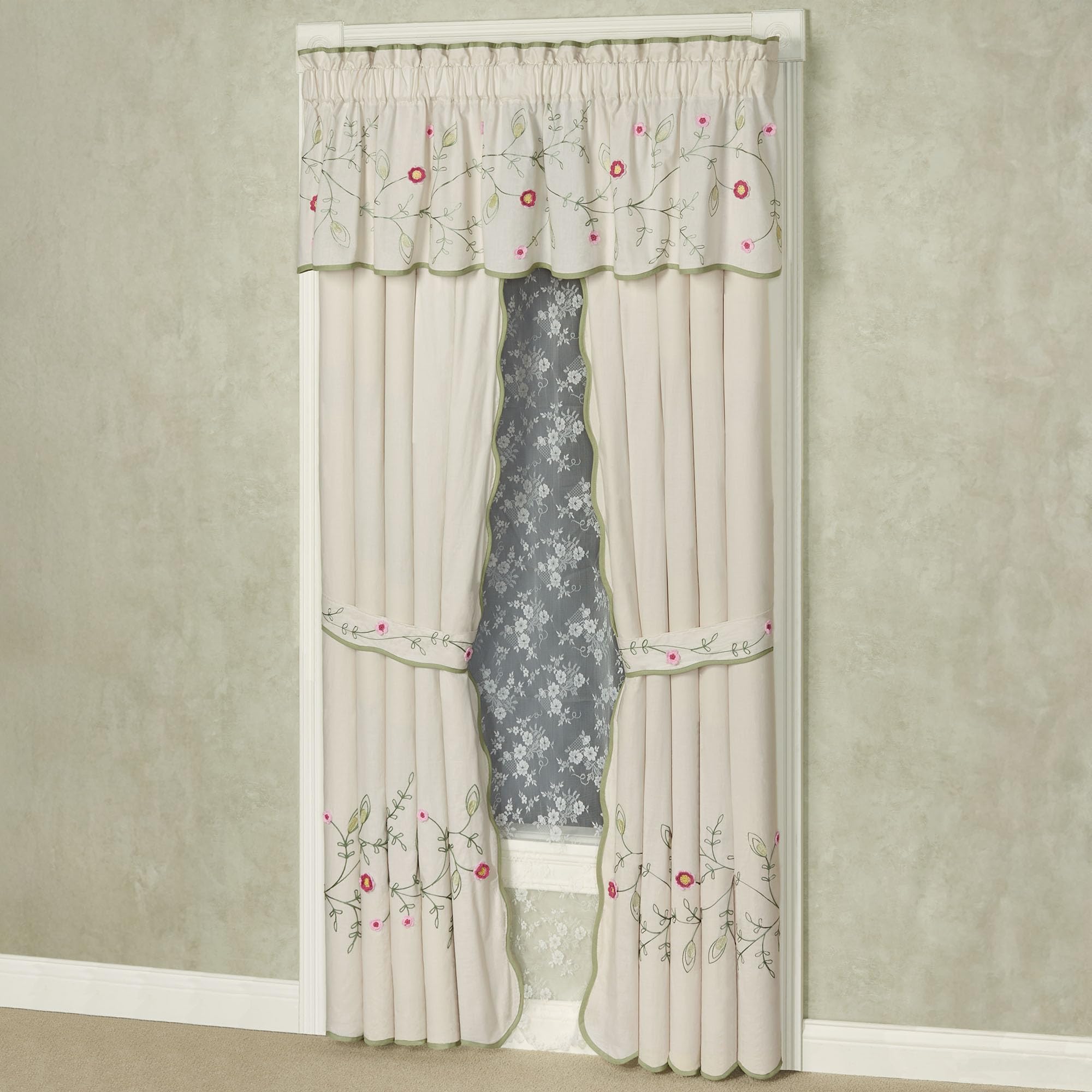 Posy Cottage Garden Lined Cotton Window Treatments | Chain Stitch Embroidery & Crochet Floral and Leaf Vine Fiber Art Designs | Rod Pocket Scallop-Edged Drapery Set with Valance & 84L Curtain Pair