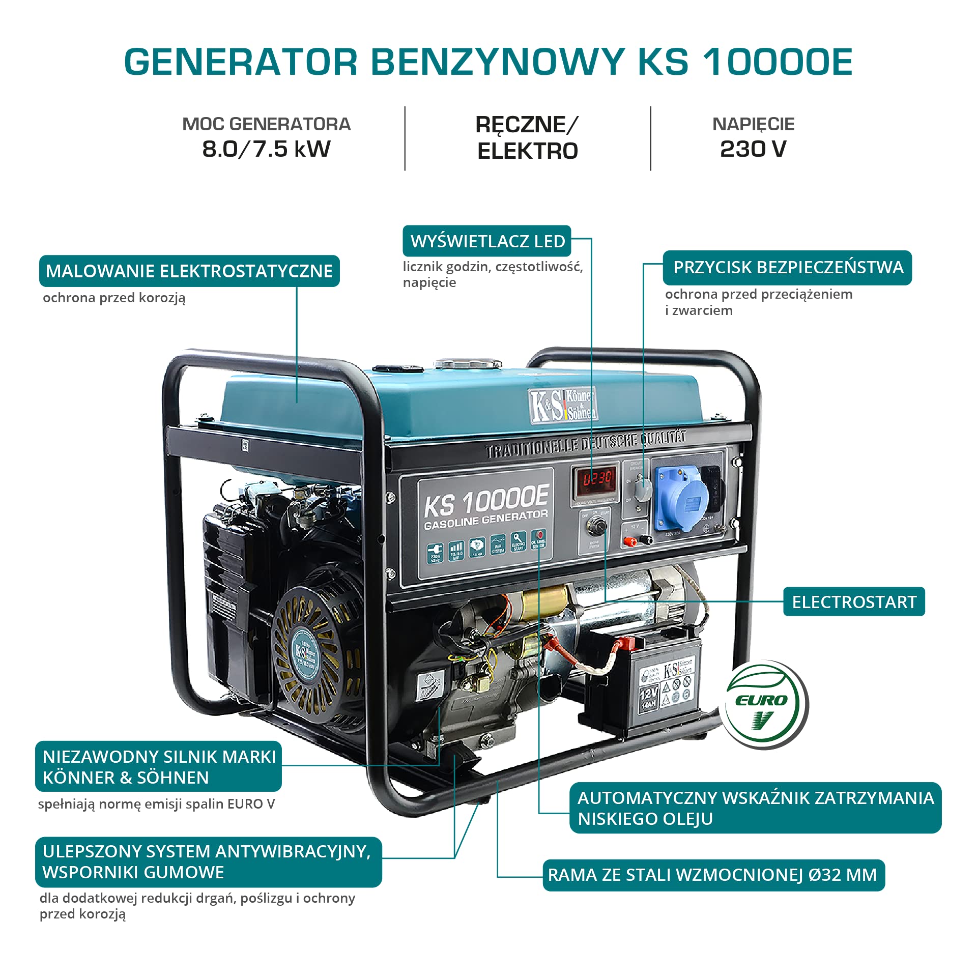 Könner & Söhnen KS 10000E Generador de corriente, 18 CV, motor de gasolina de 4 tiempos, cobre, arranque eléctrico, regulador automático de voltaje, pantalla, 1 x 16 A, 1 x 32 A (230 V) generador,