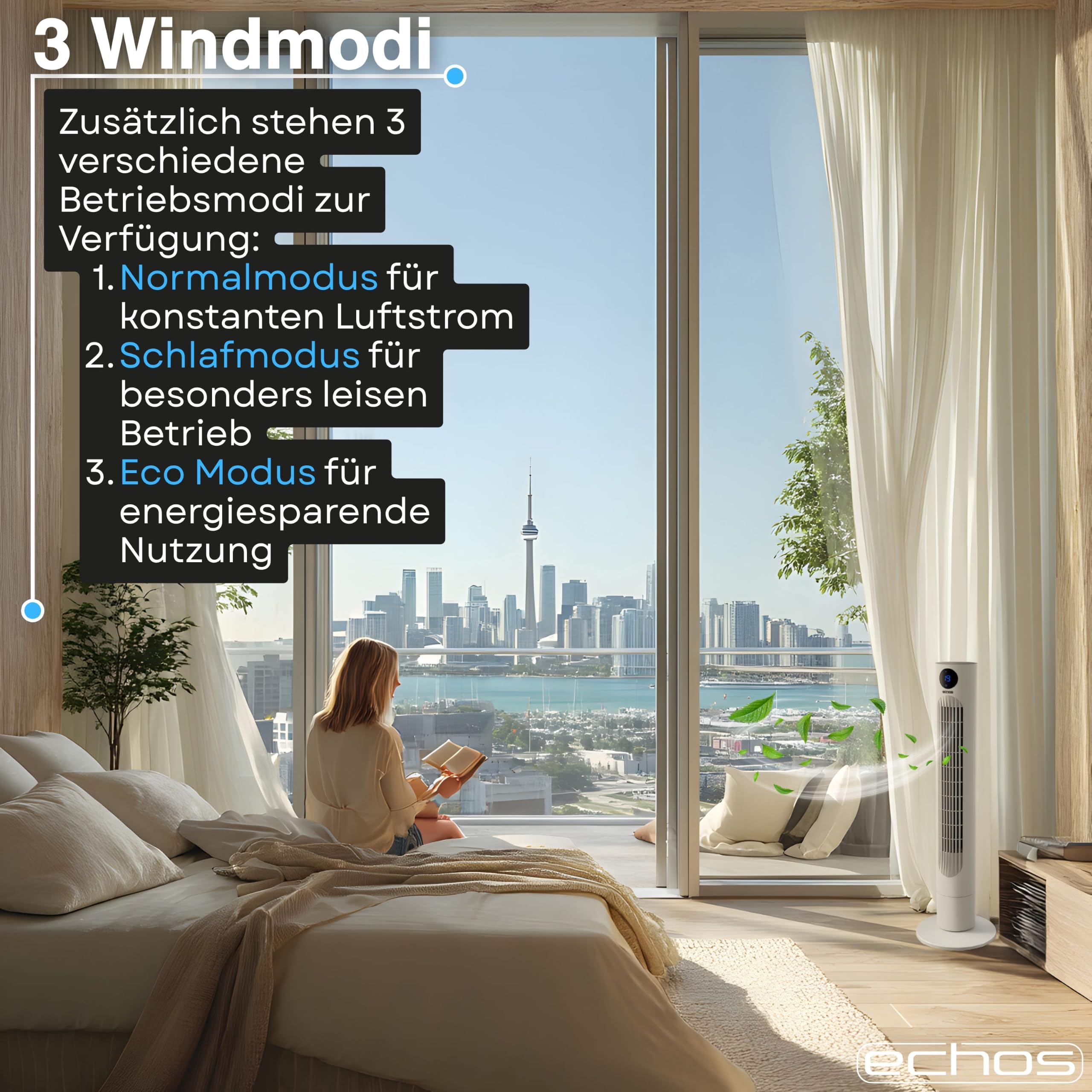 Echos Ventilateur tour très silencieux - Télécommande - Oscillant - Écran LED - 3 niveaux - Ventilateur colonne - Ventilateur sur pied - Refroidisseur d'air - Minuterie 12 h