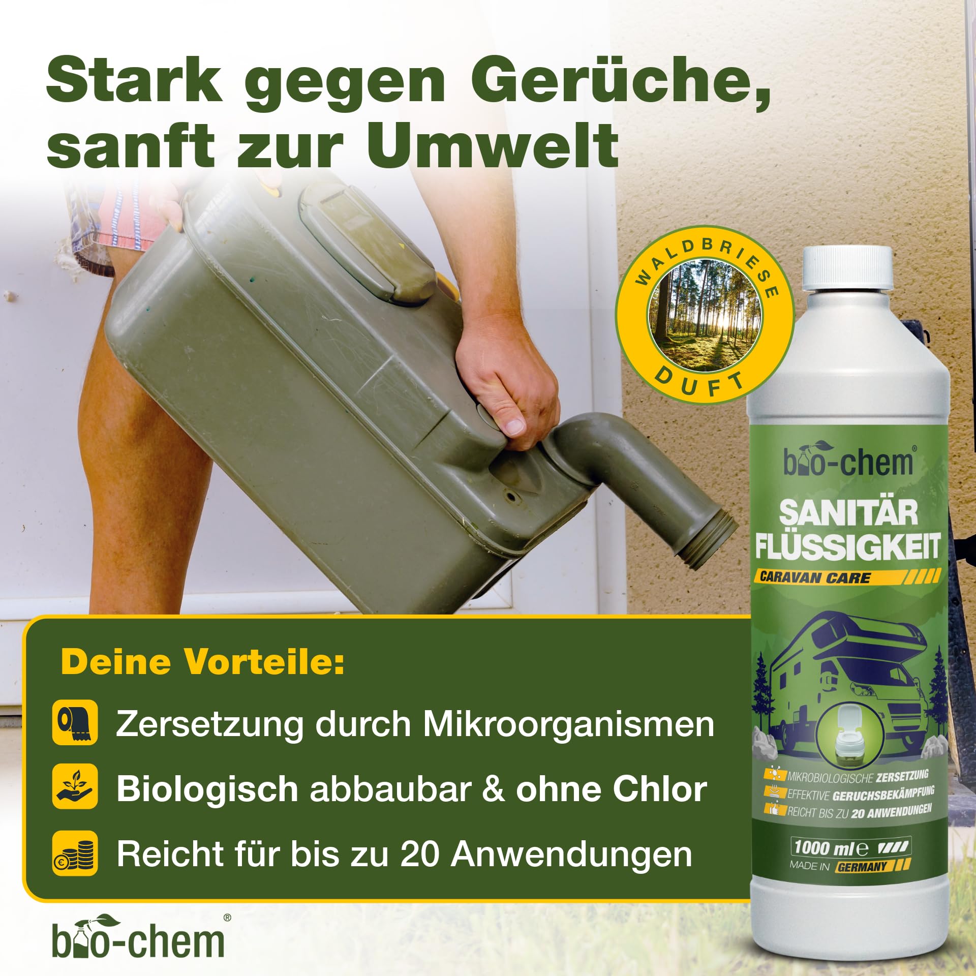 bio-chem Camping Hygiene Zusätze Set 3-teilig | Mit Sanitärflüssigkeit 1L, Frischwassertank-Reiniger 1L und Grauwassertank-Zusatz 1L | Campingtoiletten-Zusätze