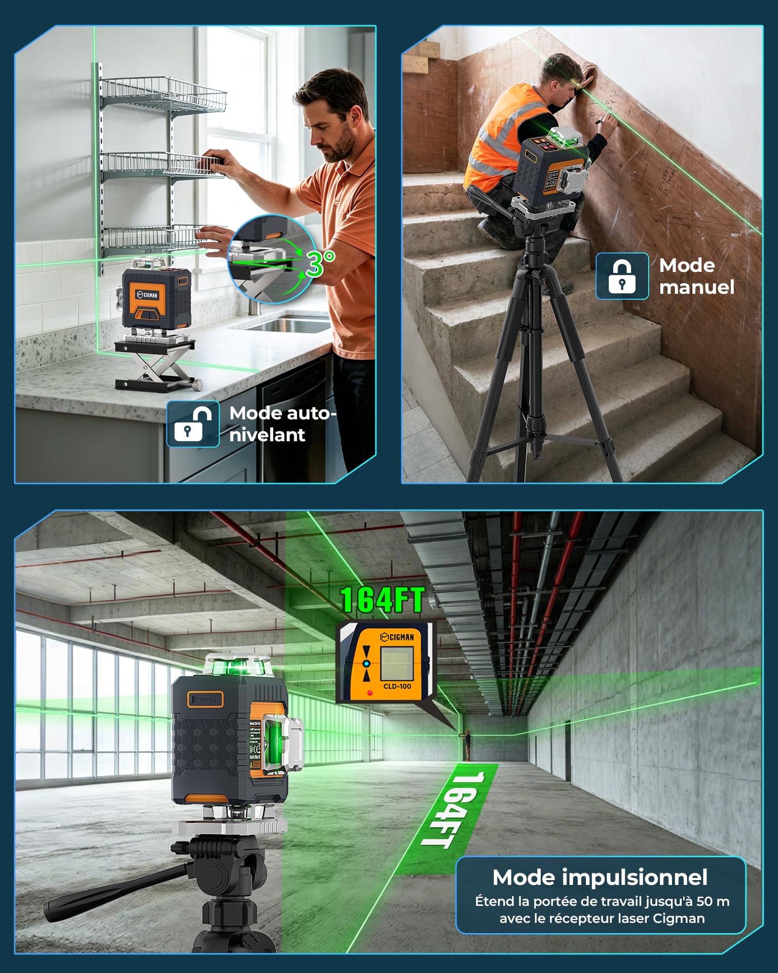 Niveau Laser Chantier 4x360° Autonivelant,CIGMAN Laser Vert Croisé avec App | Télécommande, Outil de Nivellement Professionnel pour Construction, Carrelage, Charpente, Plafonds Suspendus – CMG16