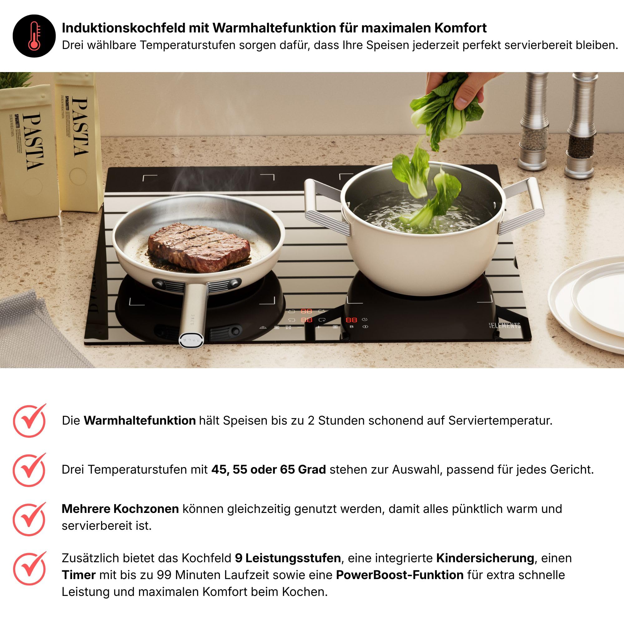 Induktionskochfeld 60 cm, Warmhaltefunktion, Induktionskochfeld 4 platten, 7200 Watt, Flexzone, Autark, Rahmenlos, Touch-Bedienung