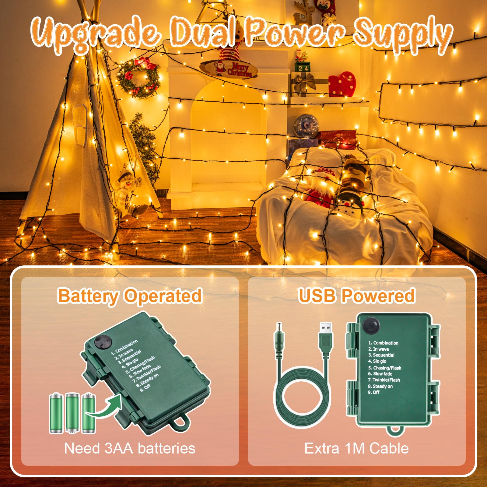 cshare Guirlande lumineuse d'extérieur à piles/USB, 12 m, 120 LED, avec minuterie, étanche IP65, pour sapin de Noël, jardin, décoration intérieure - Blanc chaud (Lot de 4)