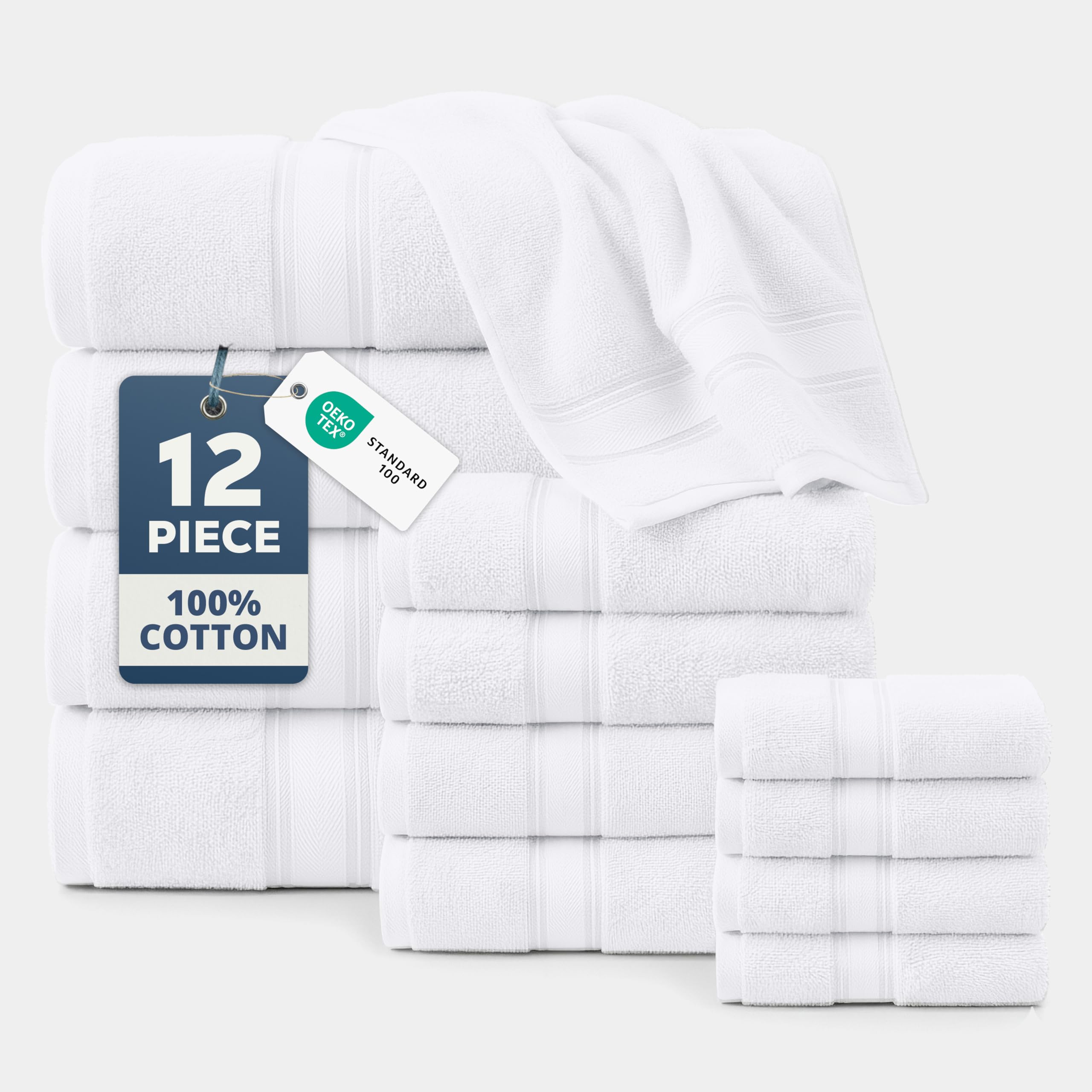 LANE LINEN 100% Mercerized Cotton Bath Towels Set of 12 – Zero Twist, 4 Bath, 4 Hand Towel & 4 Washcloths, Soft, Ideal for Spa Hotel & Home, Durable After Multiple Washes – White Towels