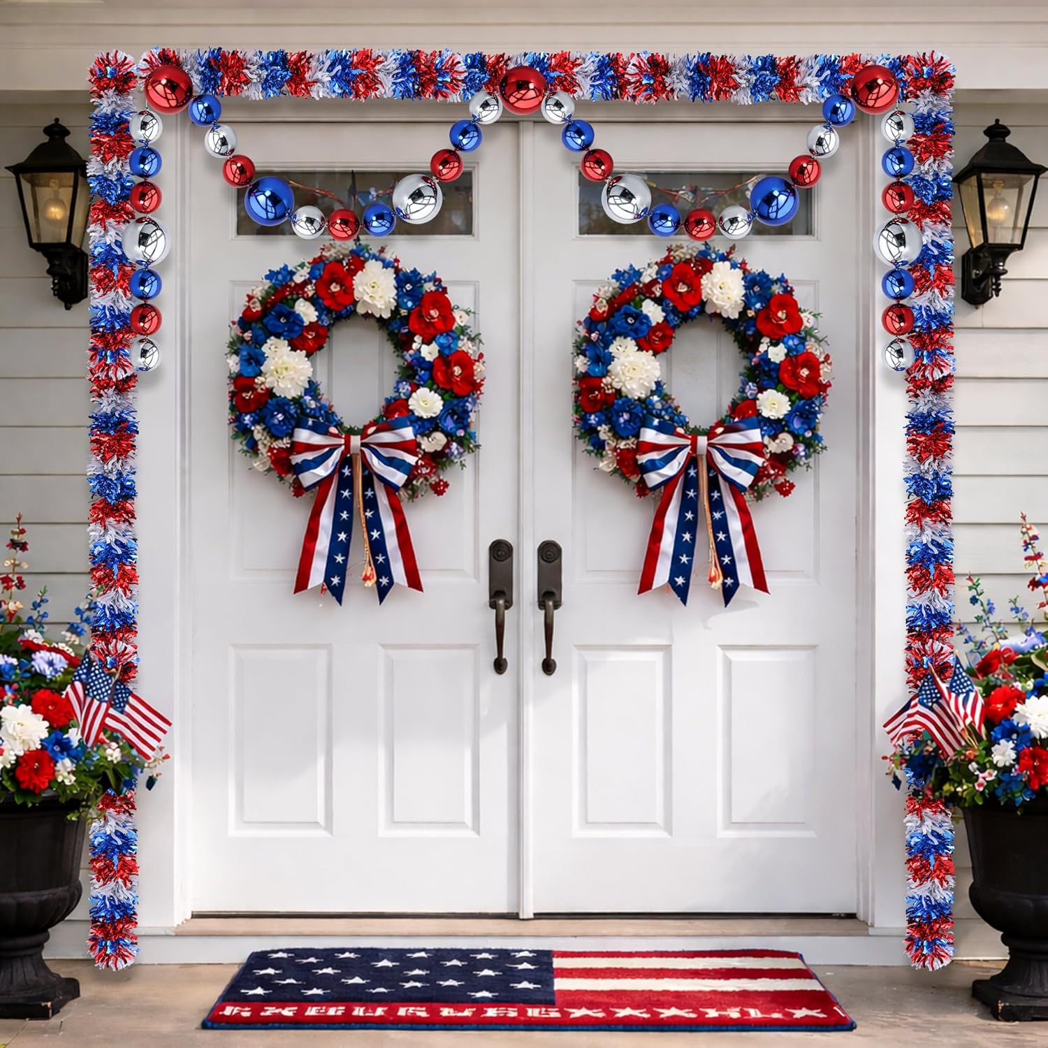 3 Pcs Jumbo 4th of July Beads Garlands Decoration, 23 Ft Patriotic Red White Blue Bead Ball Tinsel Garland, Independence Day Bead Ornament Metallic Hanging Garlands for 250th Anniversary Memorial Day