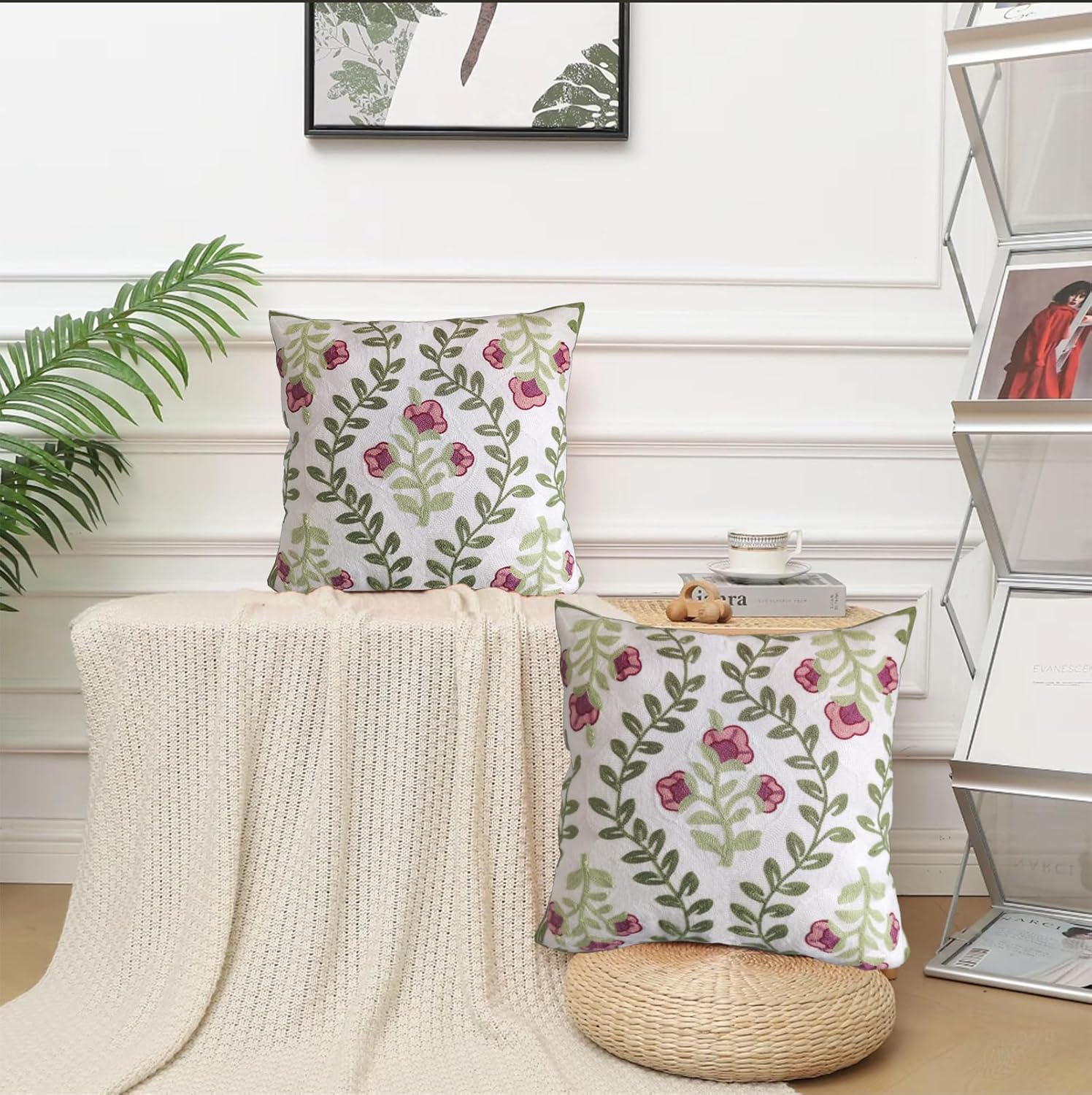 Pink Floral Embroidered Rose Throw Pillow Covers 18"x18" Set of 2 Farmhouse Cottage Couch Sofa Bed Living Room Decorative Pillowcases Pink Flowers Green Leaves Knit Patterns Pure Cotton Cushion Cases