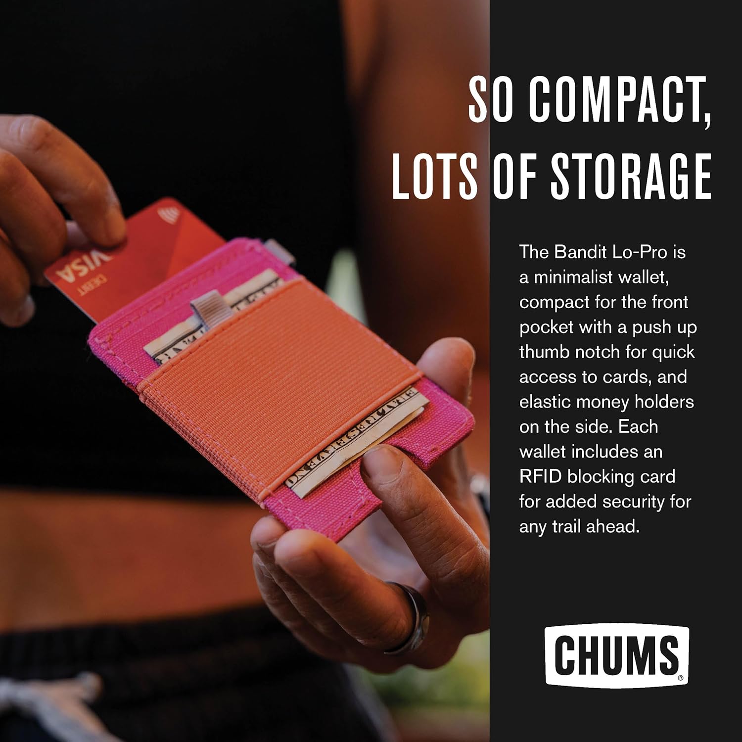 Chums Bandit Lo-Pro Minimalist Wallet - Compact RFID Wallet with Keyring & Elastic Strap for Cash (Black) - Image 2