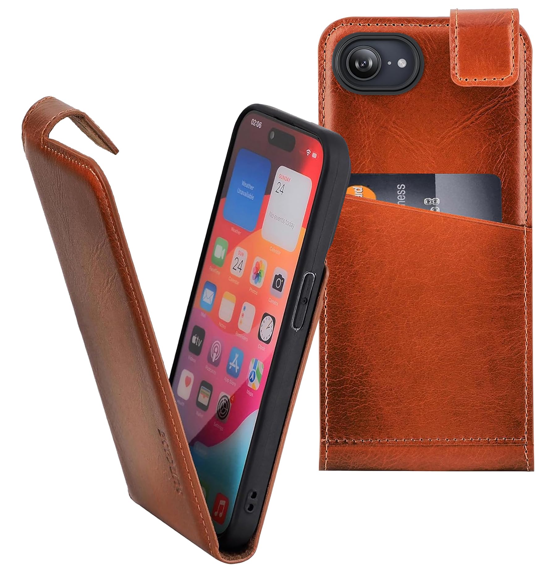 Suncase Étui de protection à rabat original en cuir véritable ultra fin compatible avec iPhone 17e Cognac brûlé