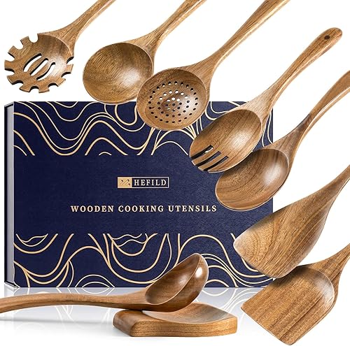 Miniatura 13 de cucharas de madera para cocinar, juego de utensilios de cocina antiadherentes con 6 piezas de espátulas y cucharas de madera de acacia para cocinar,