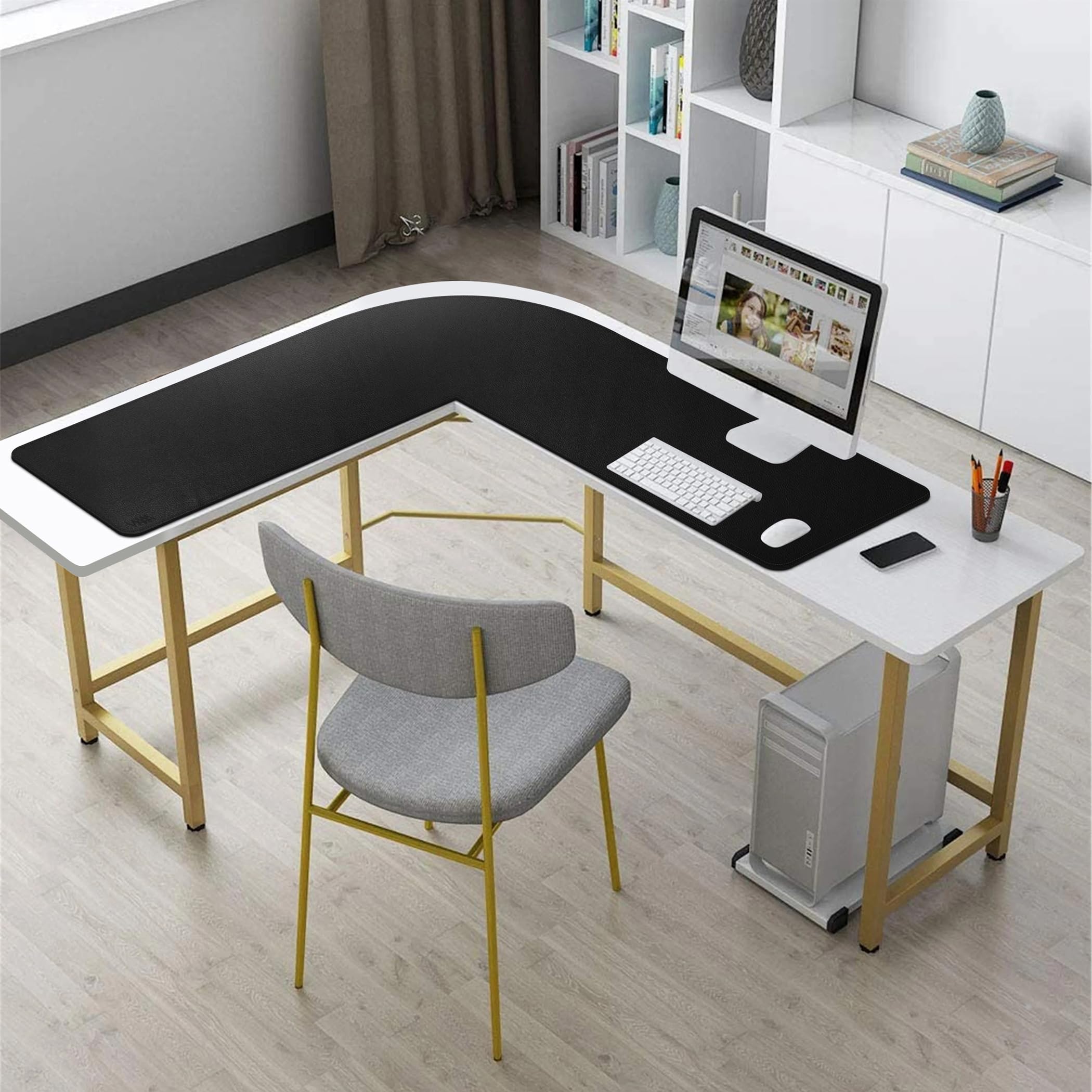 Vyaaa Tapis de bureau d'angle, (100 cm + 100 cm) x 33 cm Tapis de bureau en cuir PU en forme de L, Tapis de bureau d'angle réversible en forme de L, Tapis de souris de jeu XL pour ordinateur, jeux