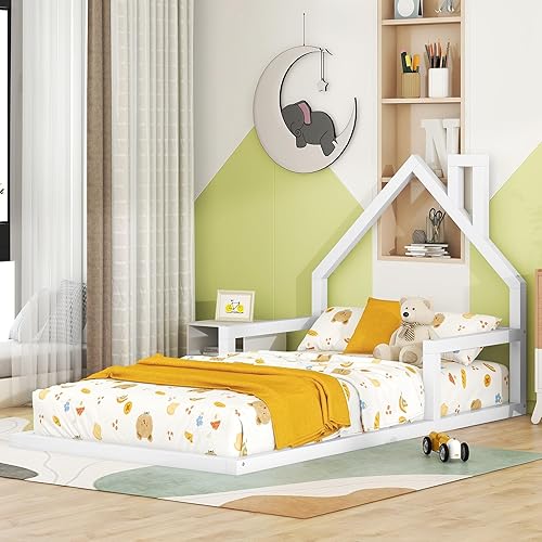 Miniatura 8 de Bellemave Marco de cama de suelo de tamaño individual, marco de cama de madera con cabecera en forma de casa, cama Montessori tamaño individual con