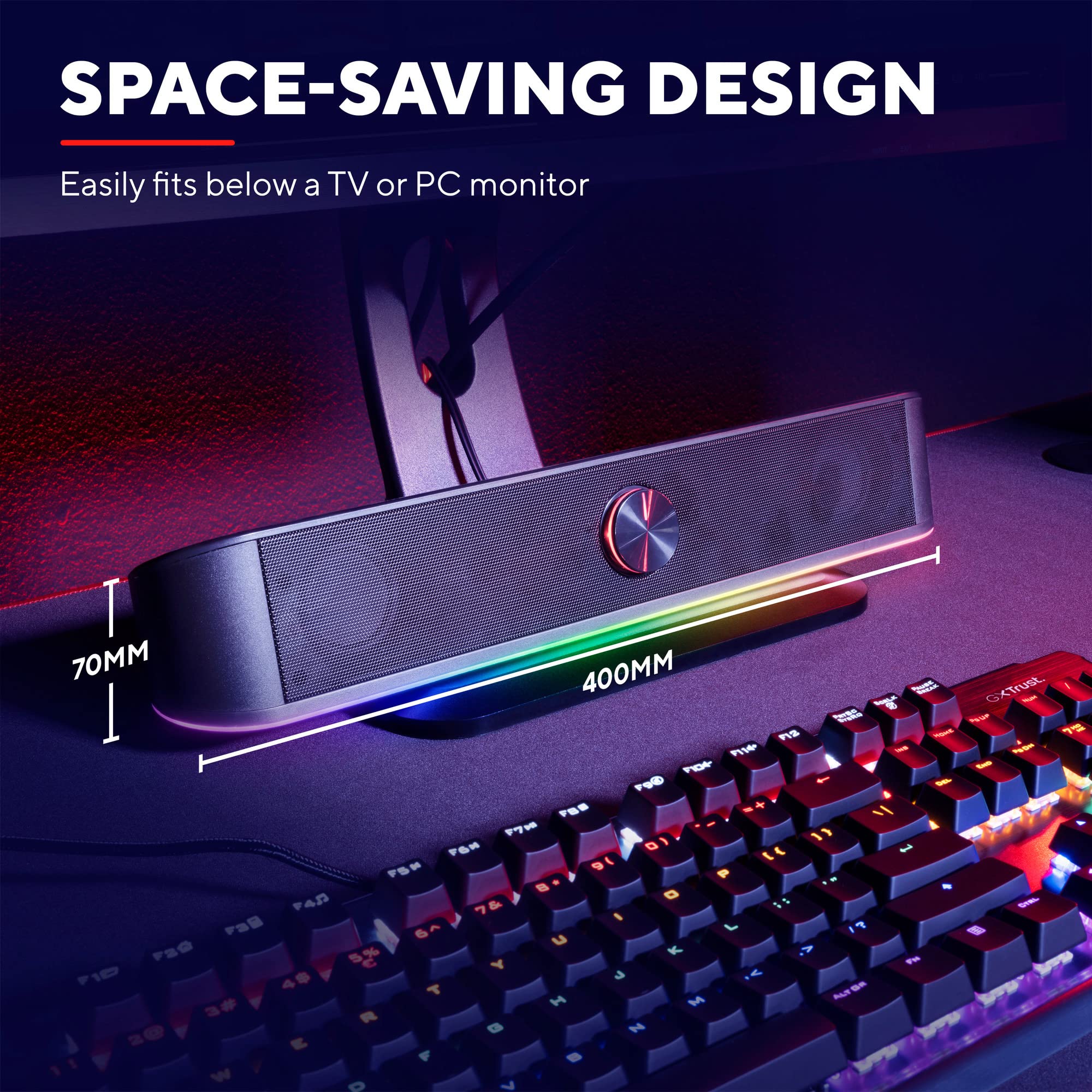Trust Gaming Stereo Soundbar z oświetleniem RGB GXT 619 Thorne – komputer, głośnik 2.0 z oświetleniem LED RGB, zasilanie przez USB, 12 W, PC/laptop, czarny