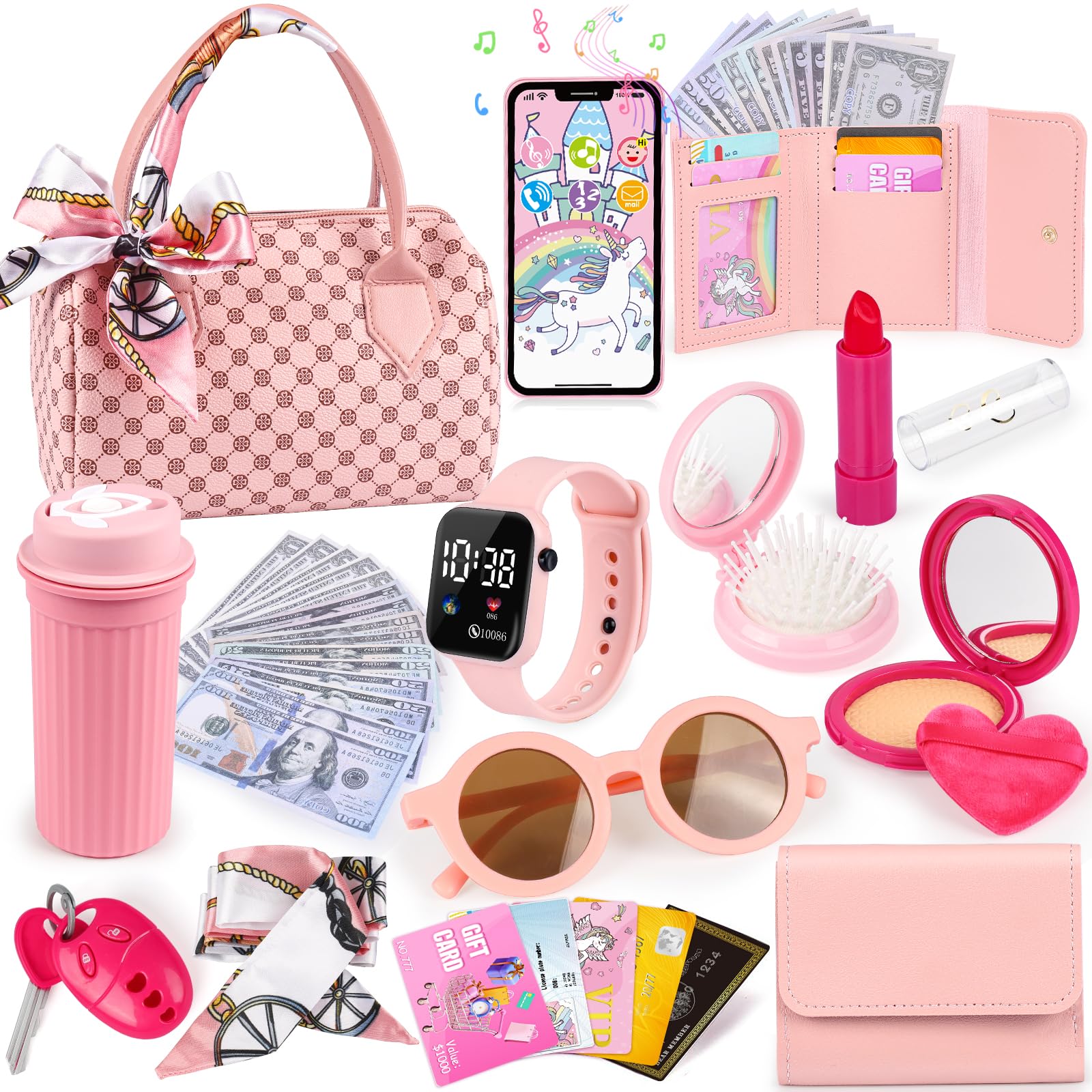 Oisacirg Play Purse for Little Girls, 32PCS Toddler Purse with Pretend Makeup for Kids, Princess Toys Includes Handbag, Phone, Wristwatch, Silk Scarf Kids Toy Purse Birthday Gift for Girls 3 4 5 6 +