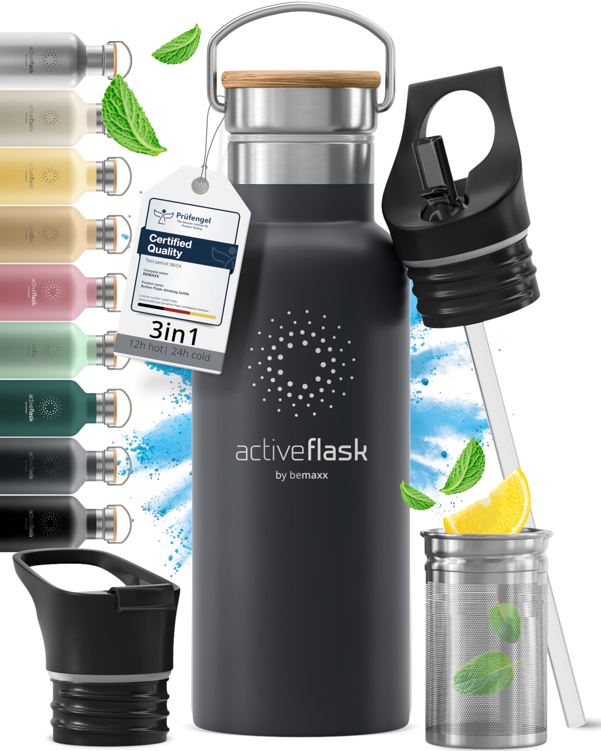 Butelka do picia ze stali nierdzewnej ACTIVE FLASK + słomka (3 pokrywki) wolna od BPA, szczelna, odpowiednia na dwutlenek węgla - butelka na wodę termos rowerowy izolowana izolowana butelka sportowa