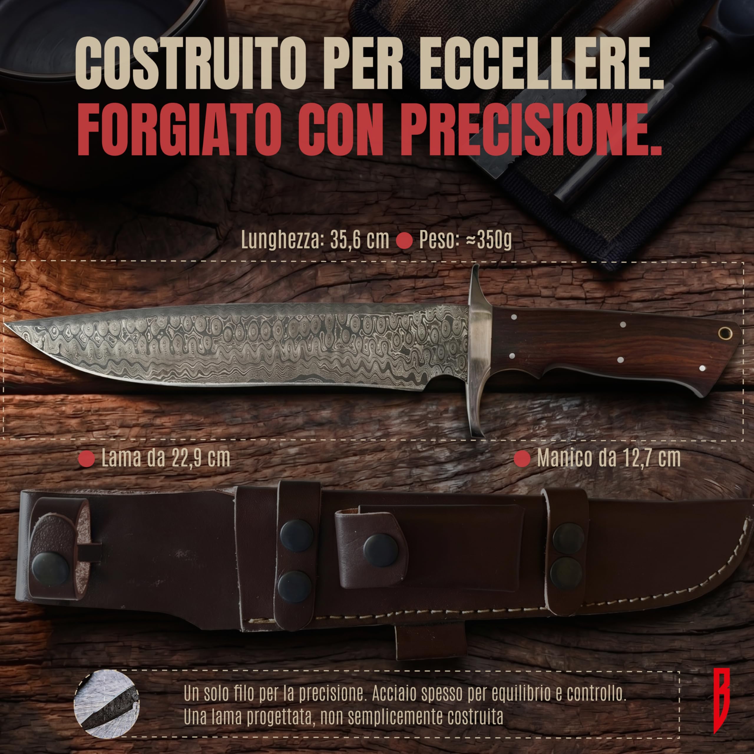 BIGCAT ROAR Patriot - Coltello da Caccia in Acciaio Damasco 35 6 cm - Manico in Legno di Noce e Fodero in Cuoio - Bushcraft Campeggio Sopravvivenza - Regalo Uomo Cacciatore o Collezionista
