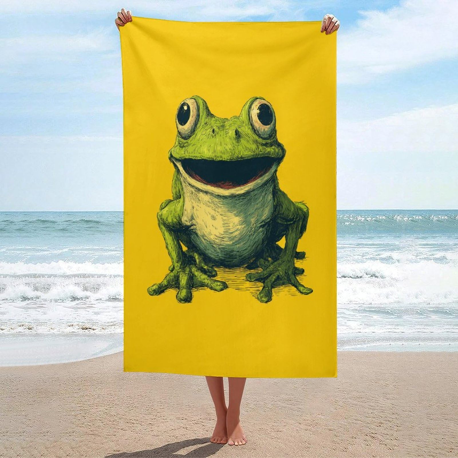 LSRCPD Green Happy Frog Beach Towel Sand Free Microfiber Large Shower Towels Multipurpose Absorbent for Bathroom Pool 130x80 CM