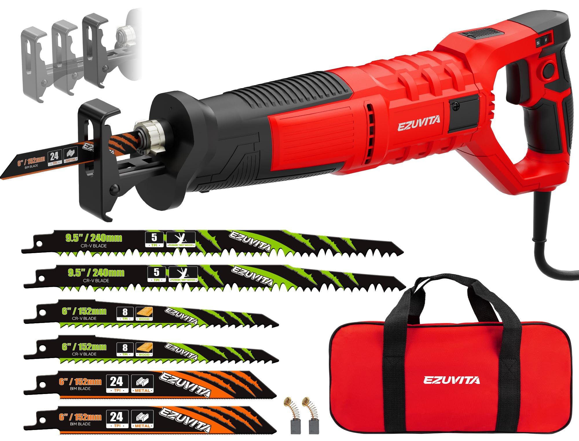 Scie Sabre 850W pour Bois, Métal, PVC et Élagage, Course de 28mm, 2800 SPM, 6 Vitesses, Poignée Rotative à 180°, Semelle avant Pivotante Réglable, 6 Lames et Sac de Transport Inclus