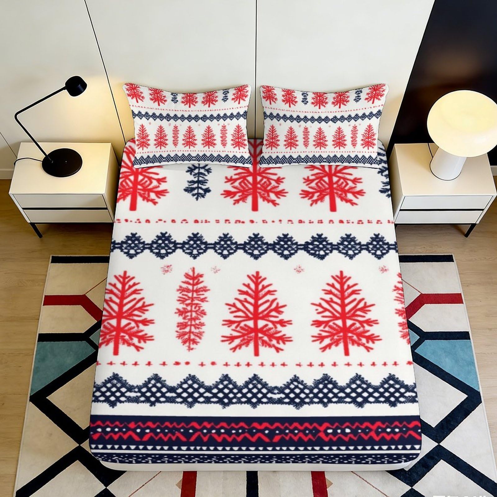 3D Printed Nordic Red Pine Fitted Sheet Microfiber Soft Bedroom Decor Snowflake Mattress Cover for Home Dorm Guest Room 90x200x25cm