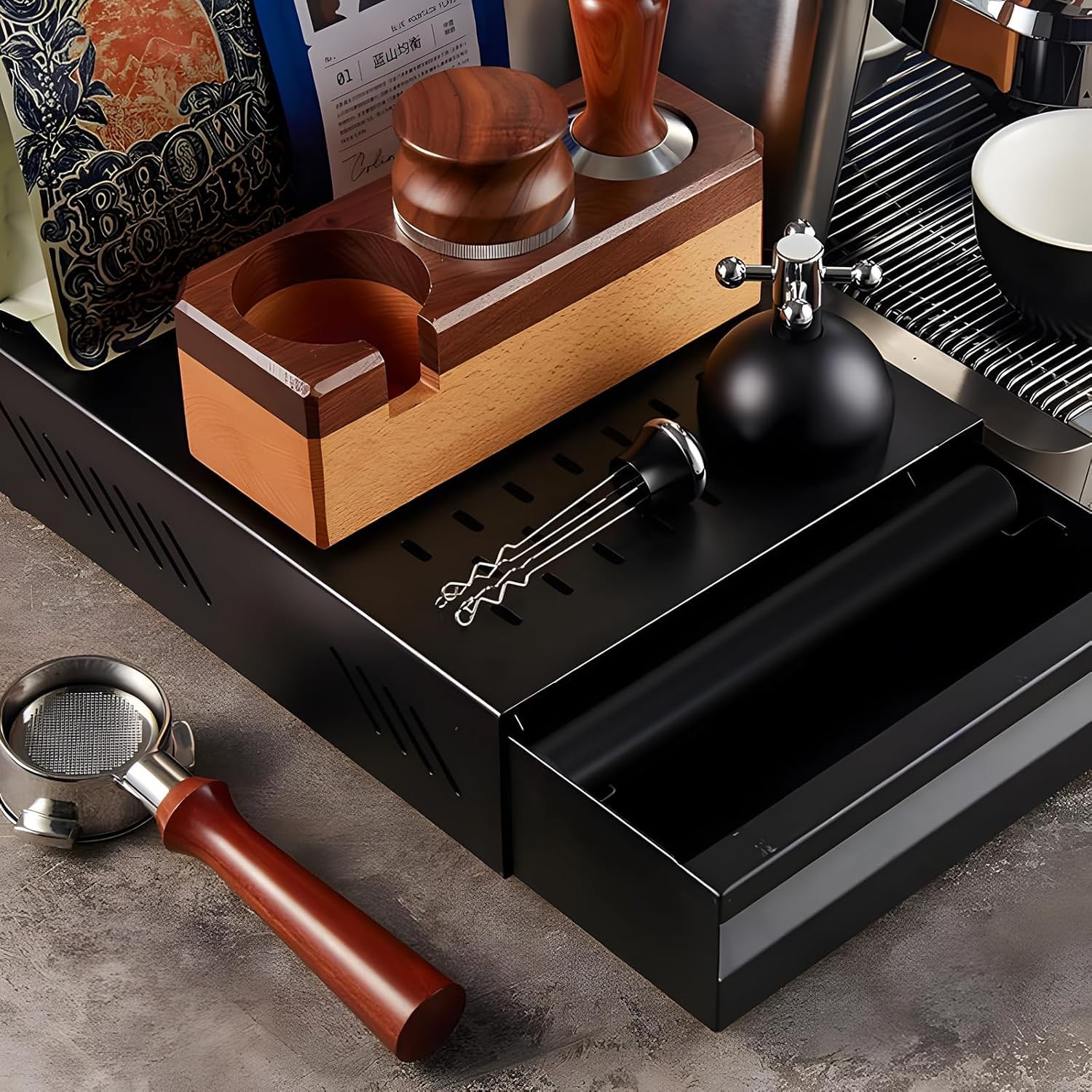 Knock Box per Caffè in Acciaio Inossidabile per Espresso - Cassetto Staccabile, Contenitore per Macinato e Polvere di Residui Addensato con Base (Bianco