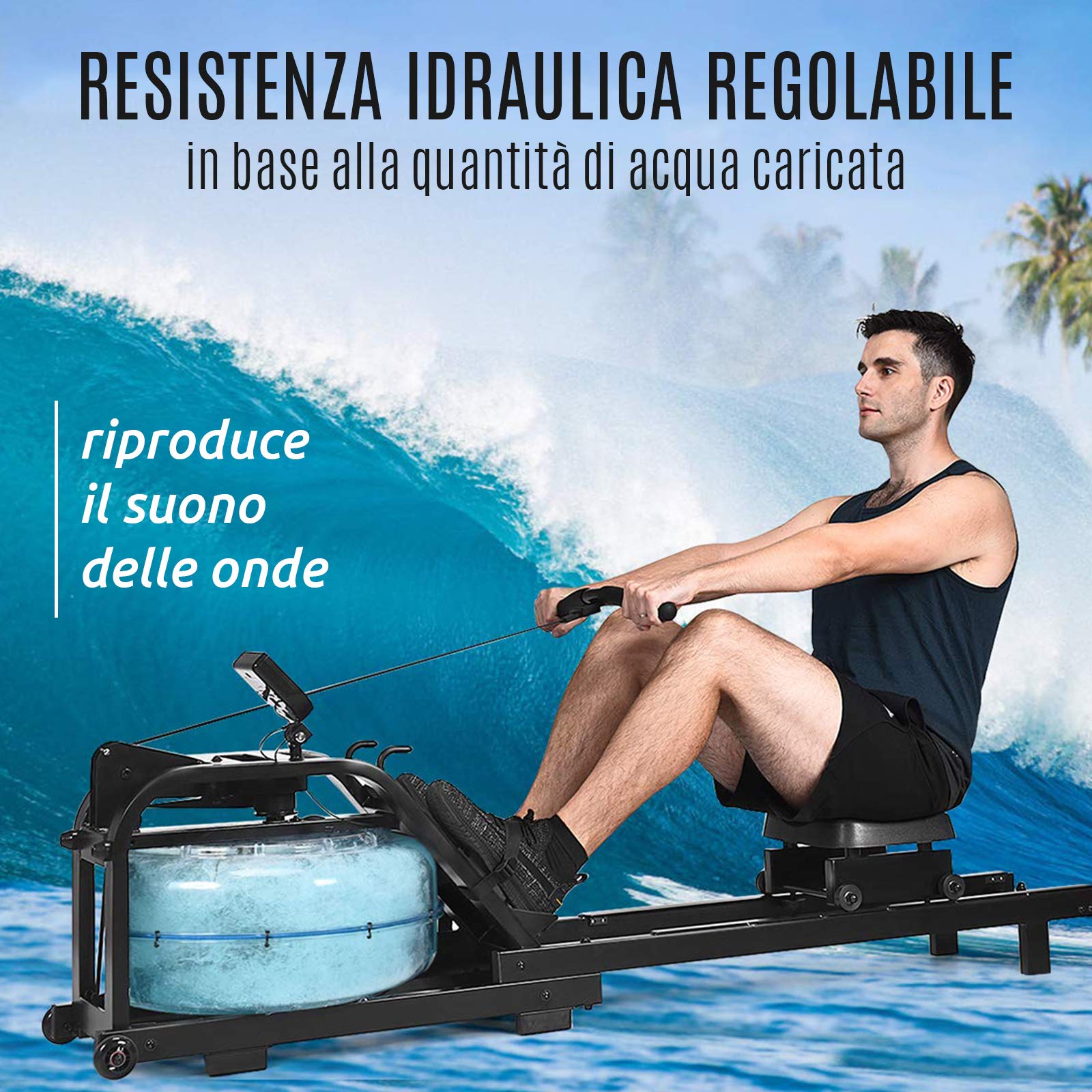 FFitness Vogatore Rematore Idraulico ad Acqua Compatto Unisex Adulto con Display Resistenza Idraulica Regolabile