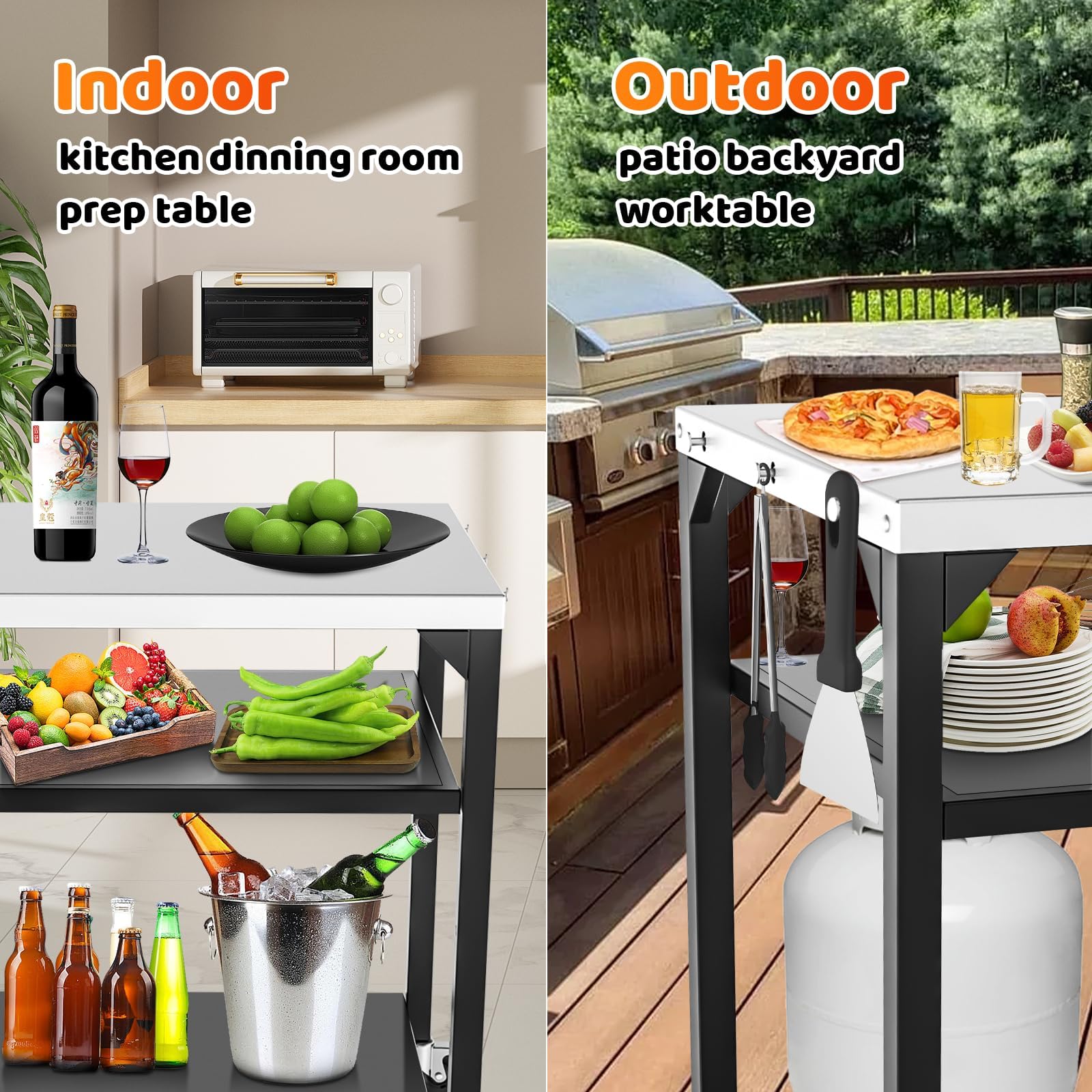 GFTIME Chariot de table pour four à pizza Ninja Woodfire, Blackstone Griddle, Weber Q, grand chariot de cuisine à roulettes polyvalent, support de barbecue d'extérieur en acier inoxydable avec 3